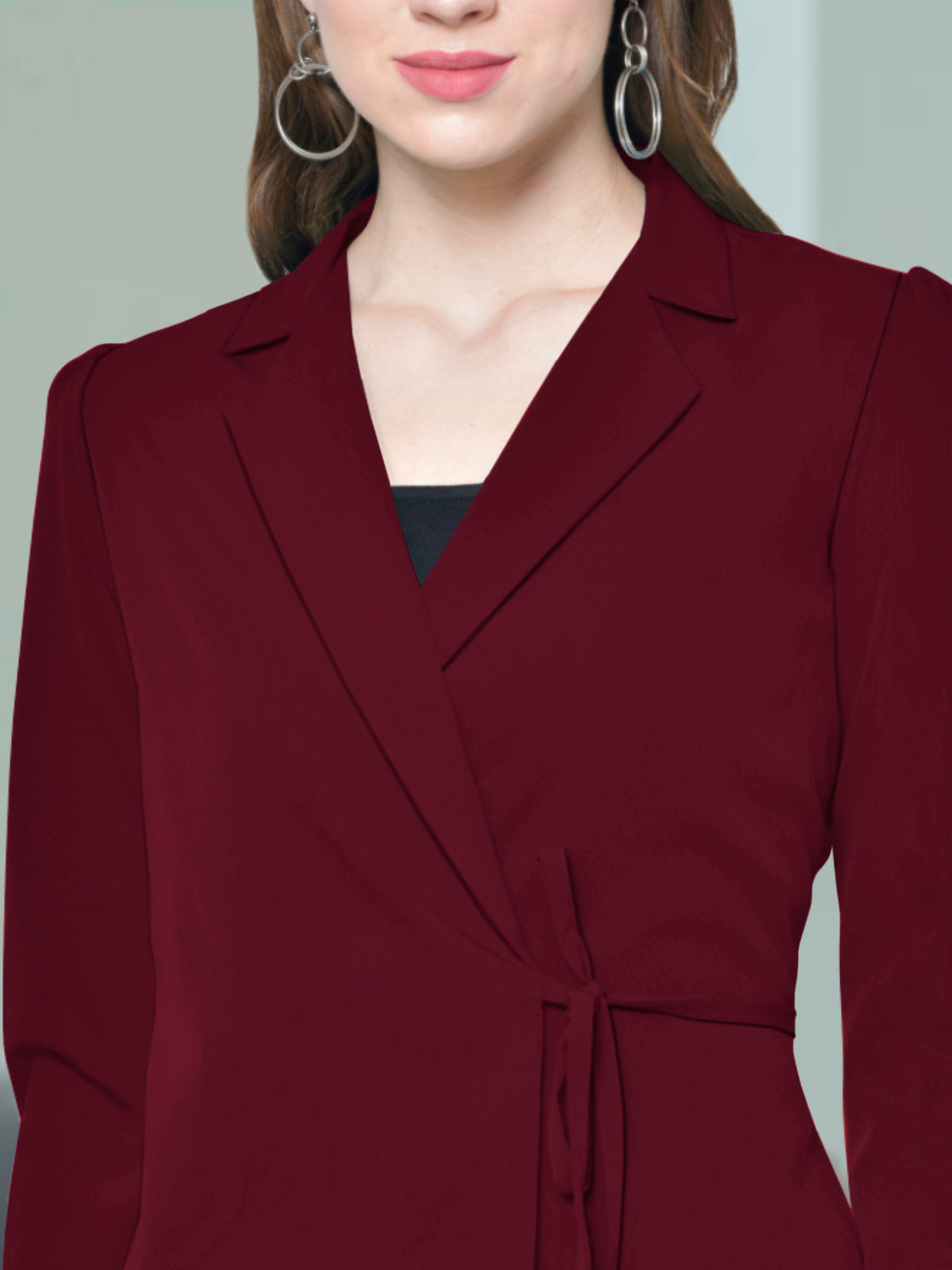 Women Maroon Lapel Knotting Top