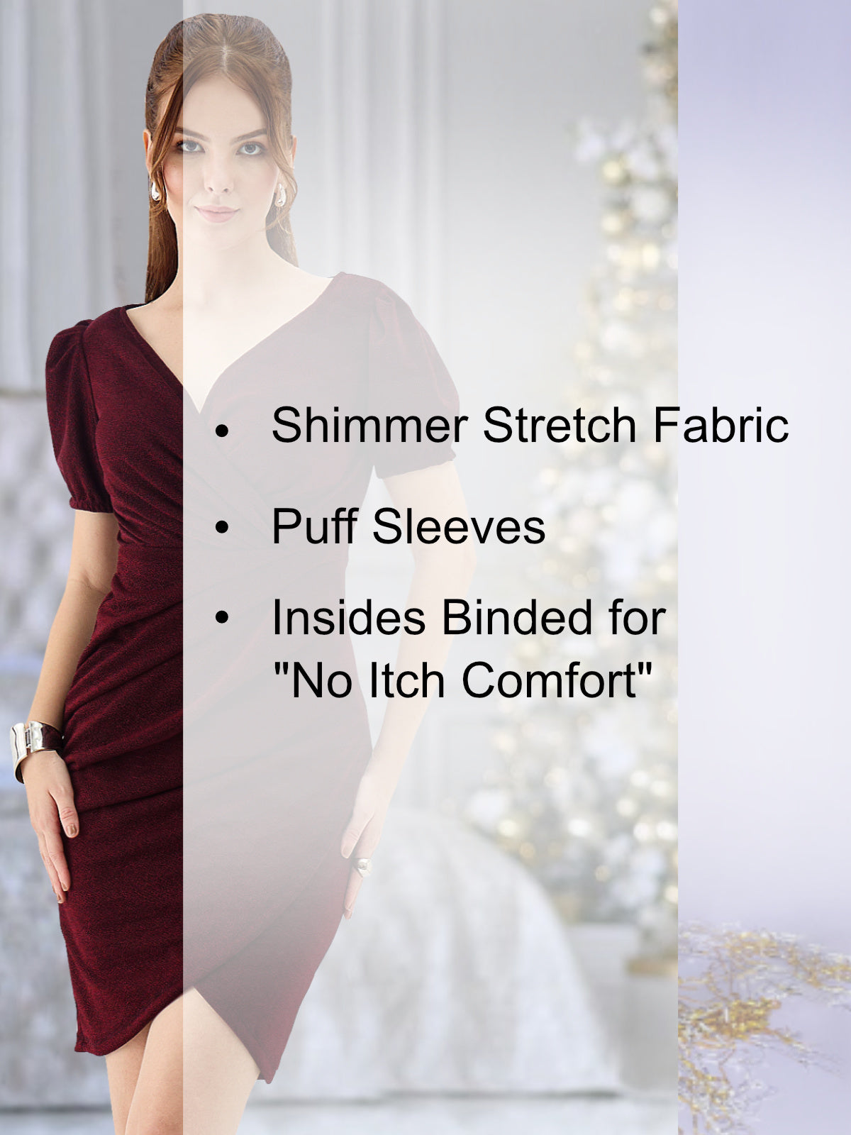 Women Maroon Shimmer Puff Sleeve Dress