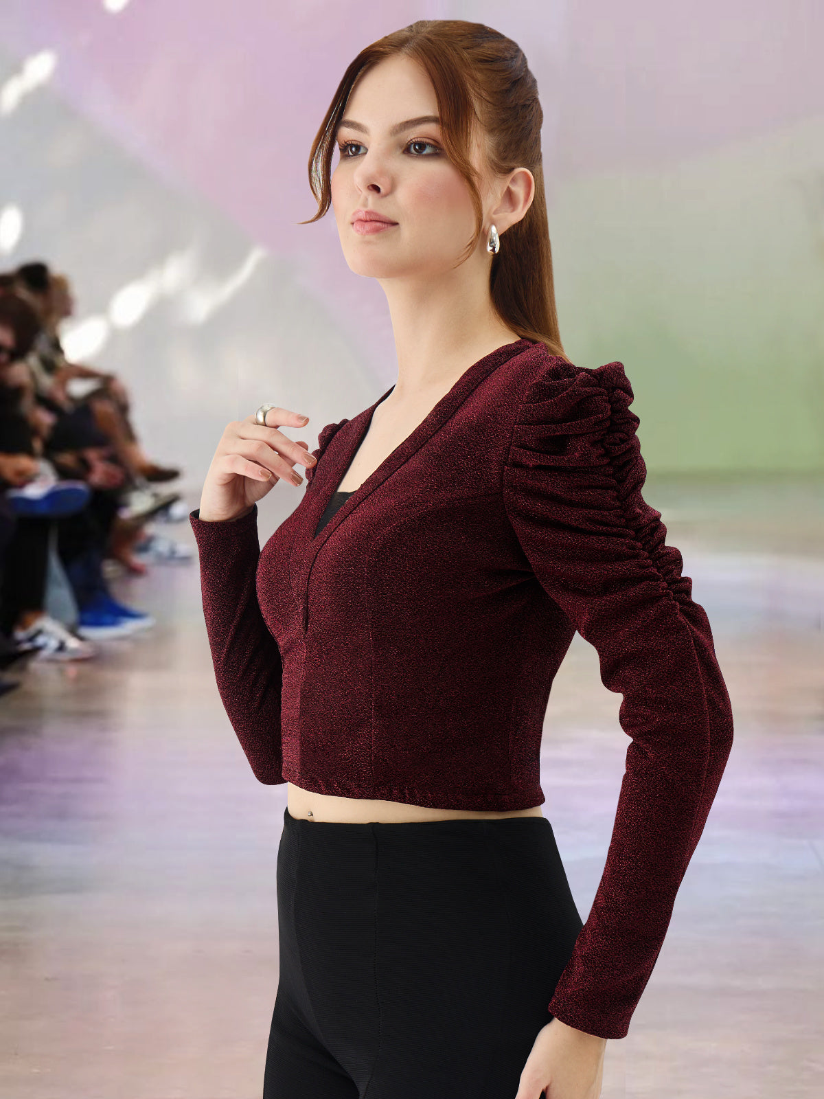 Women Maroon Shimmer V-Neck Crop Top