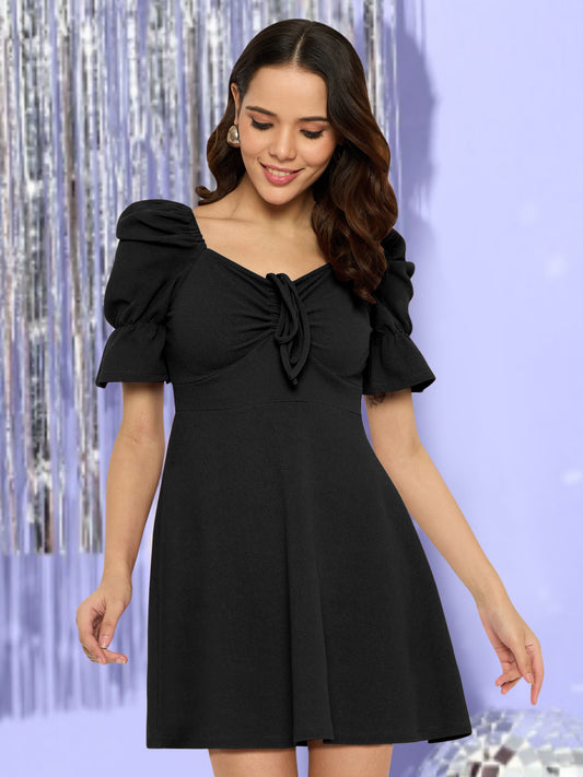 Women Black Drawstring Yoke Dress