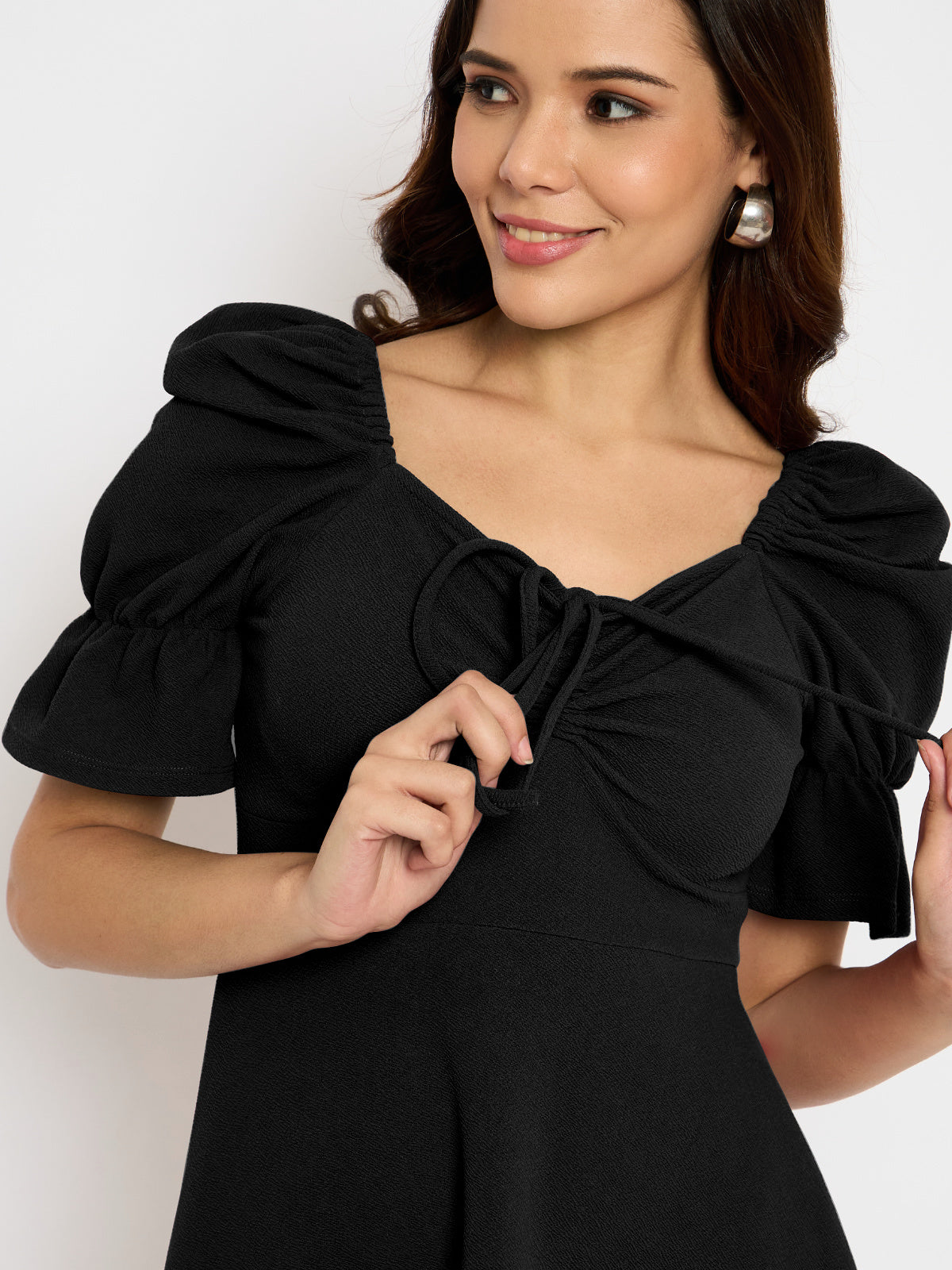 Women Black Drawstring Yoke Dress