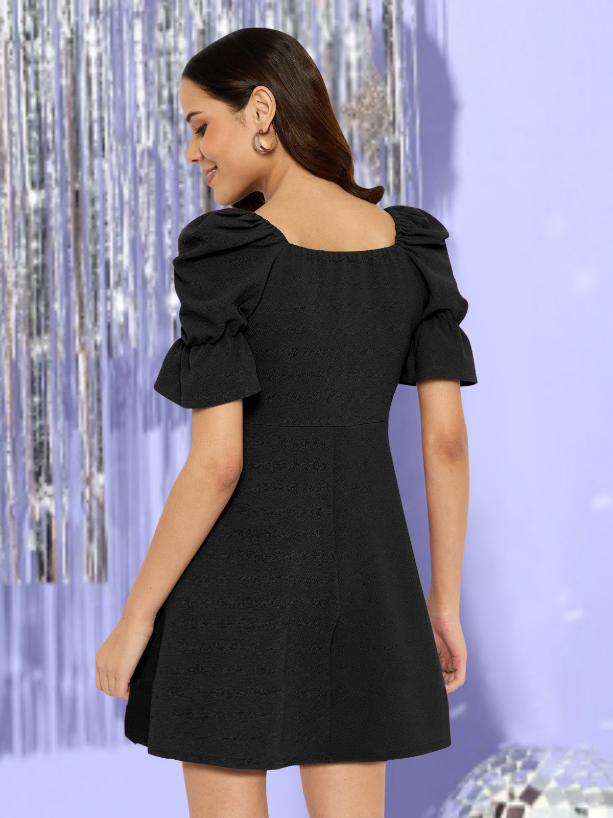Women Black Drawstring Yoke Dress