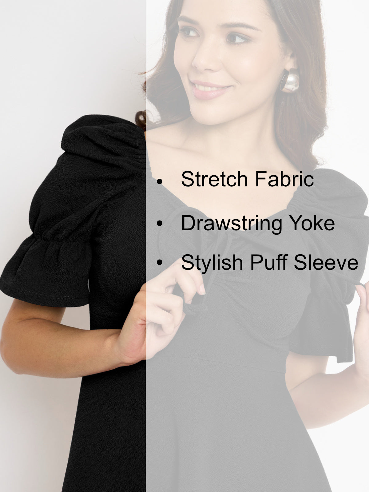 Women Black Drawstring Yoke Dress