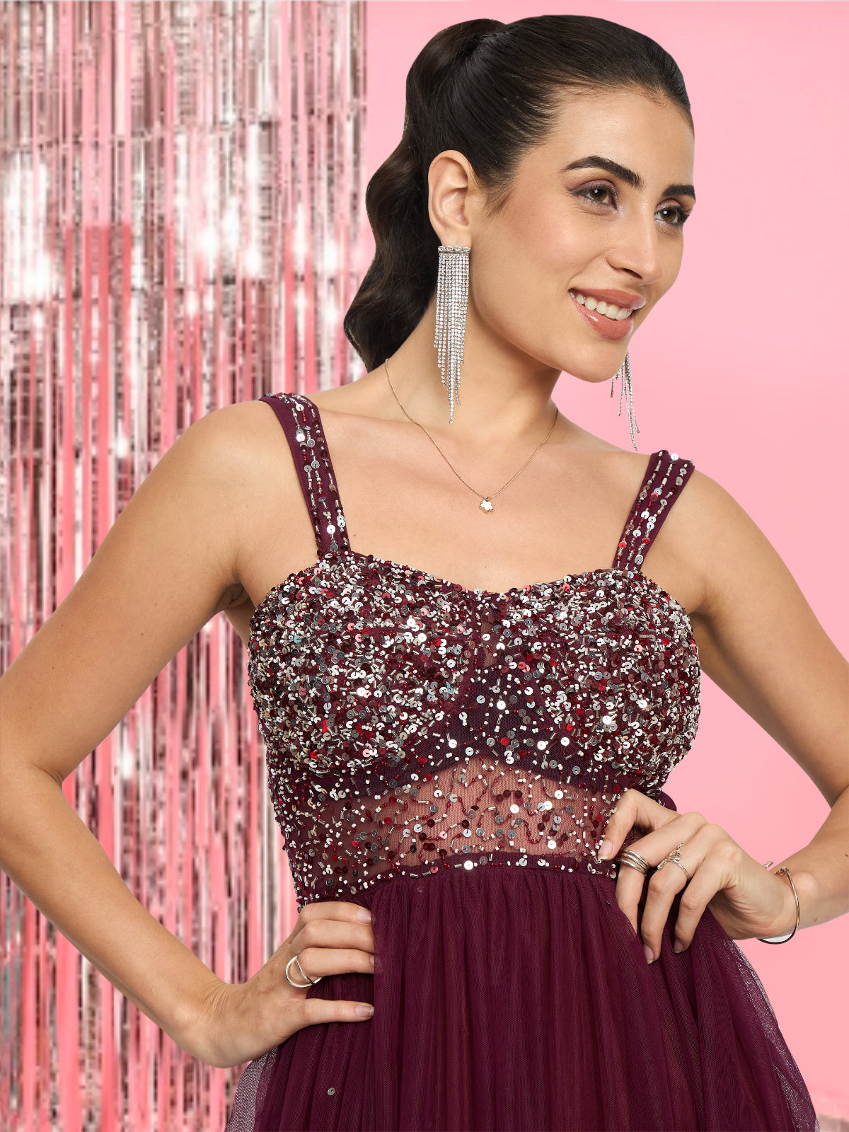 Women Wine Hand Embellished Corset Gown