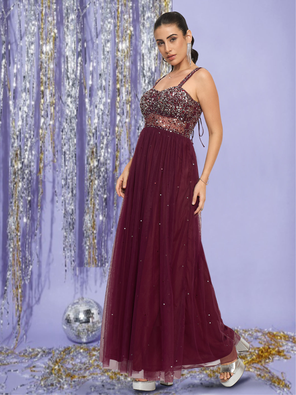 Women Wine Hand Embellished Corset Gown