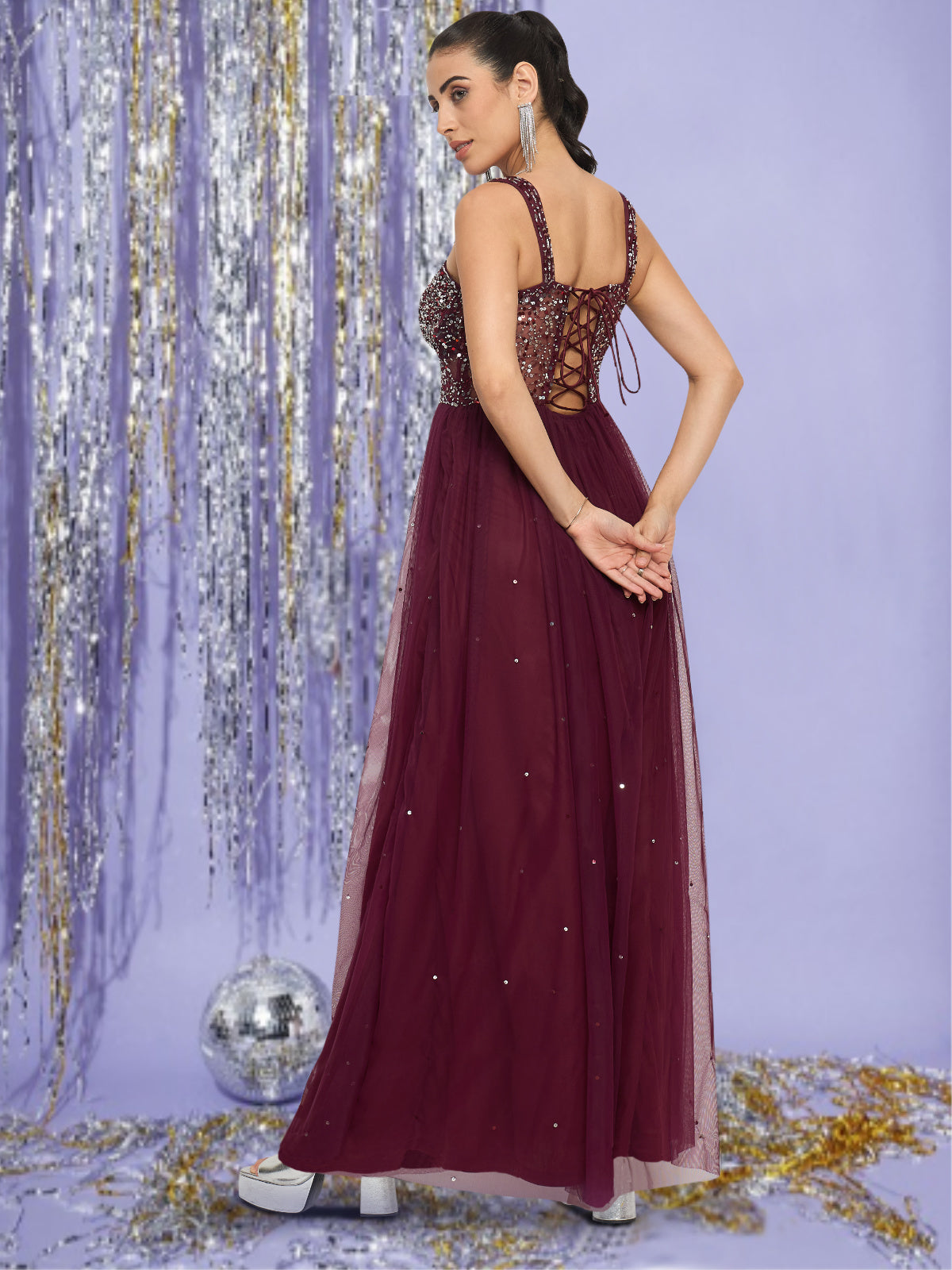 Women Wine Hand Embellished Corset Gown