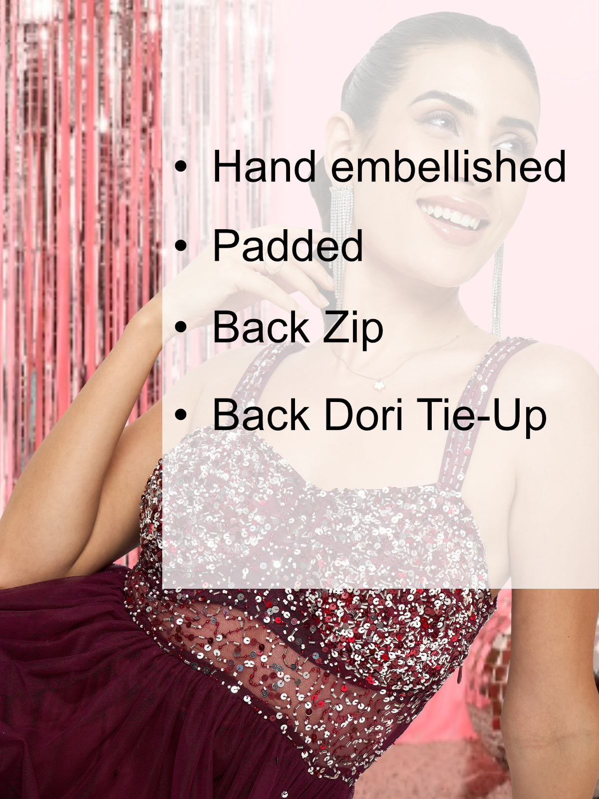 Women Wine Hand Embellished Corset Gown