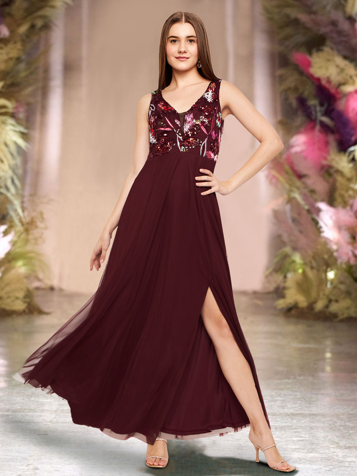 Women Maroon Embroidered Slit Gown