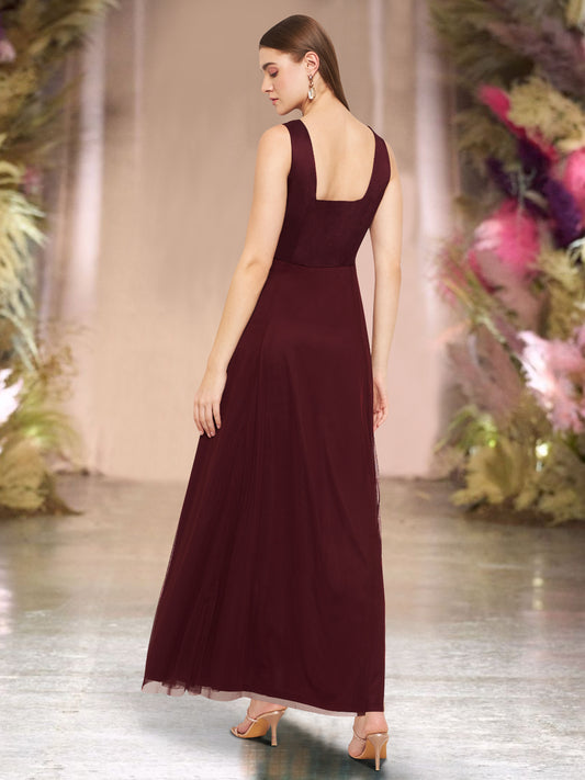 Women Maroon Embroidered Slit Gown