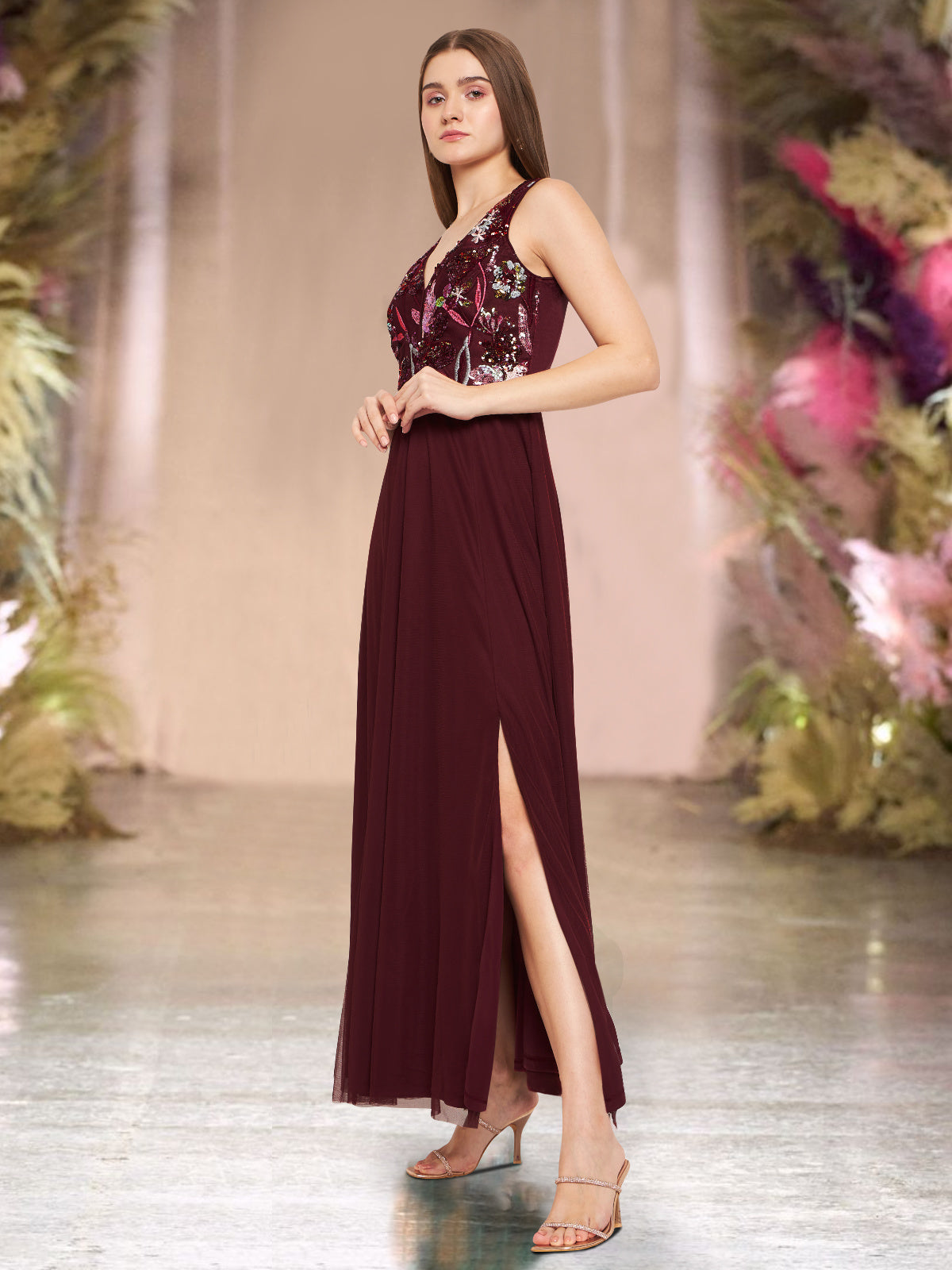 Women Maroon Embroidered Slit Gown