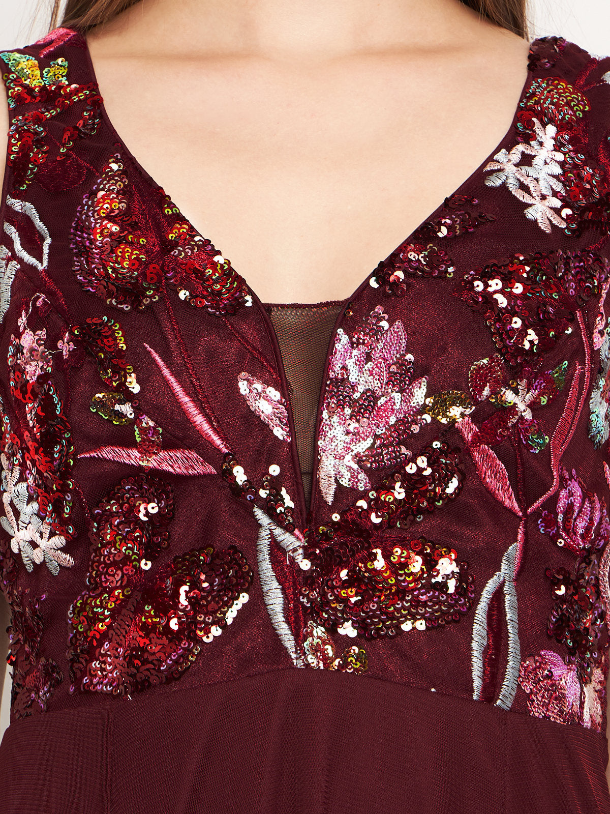 Women Maroon Embroidered Slit Gown