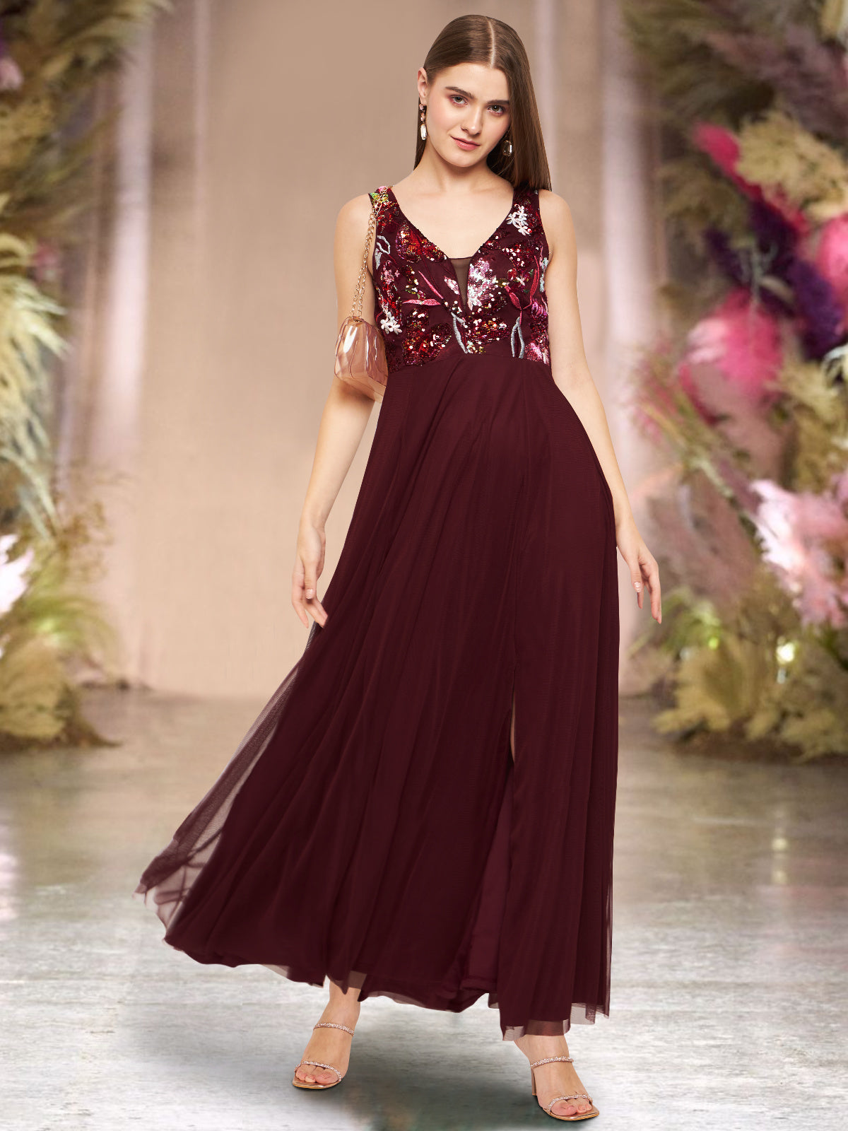 Women Maroon Embroidered Slit Gown
