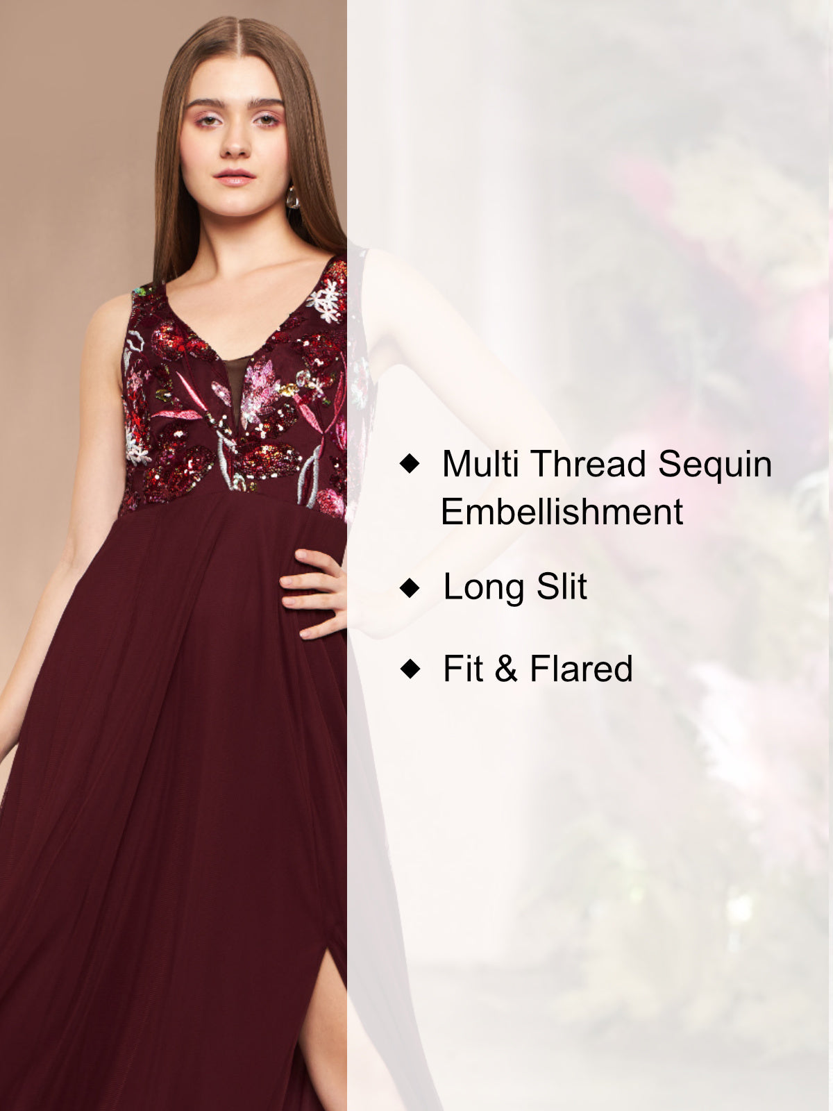 Women Maroon Embroidered Slit Gown