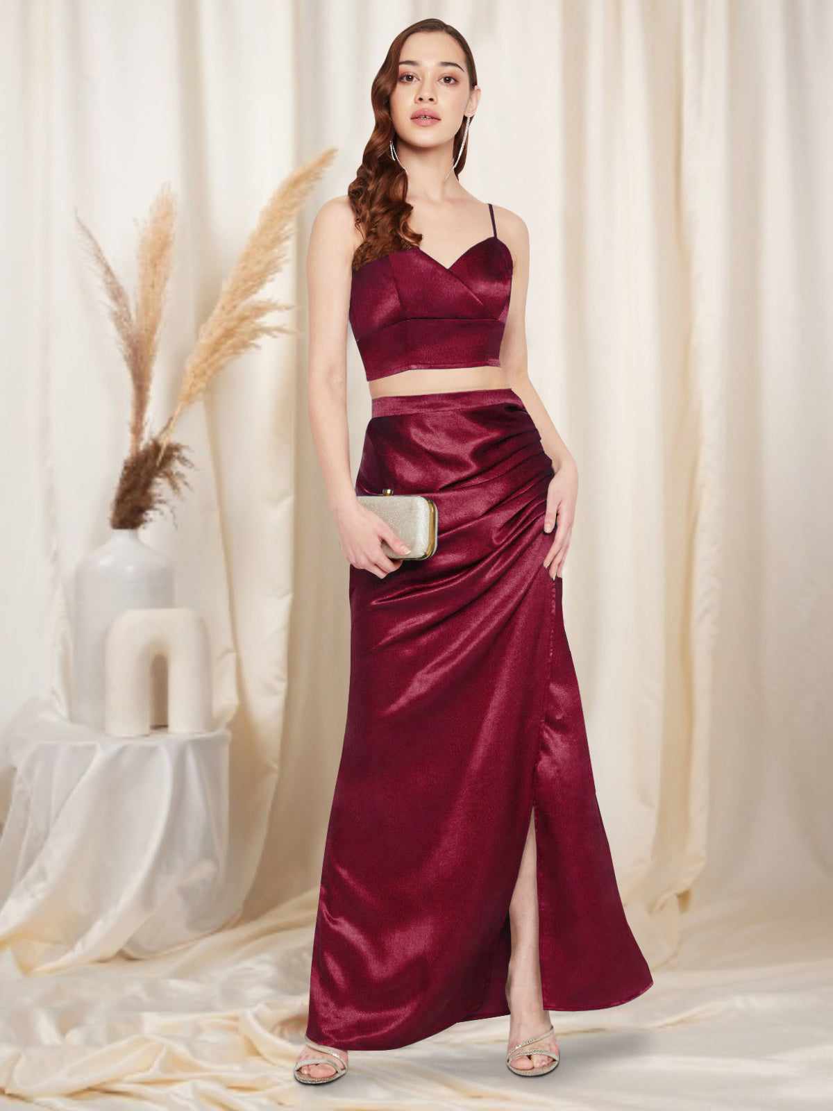 Women Maroon Satin 2 Piece Co-ord Set