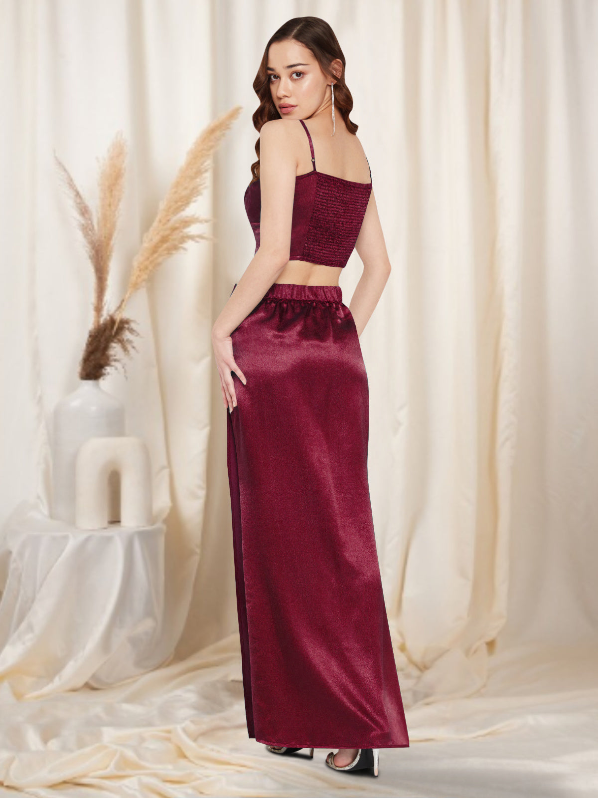 Women Maroon Satin 2 Piece Co-ord Set