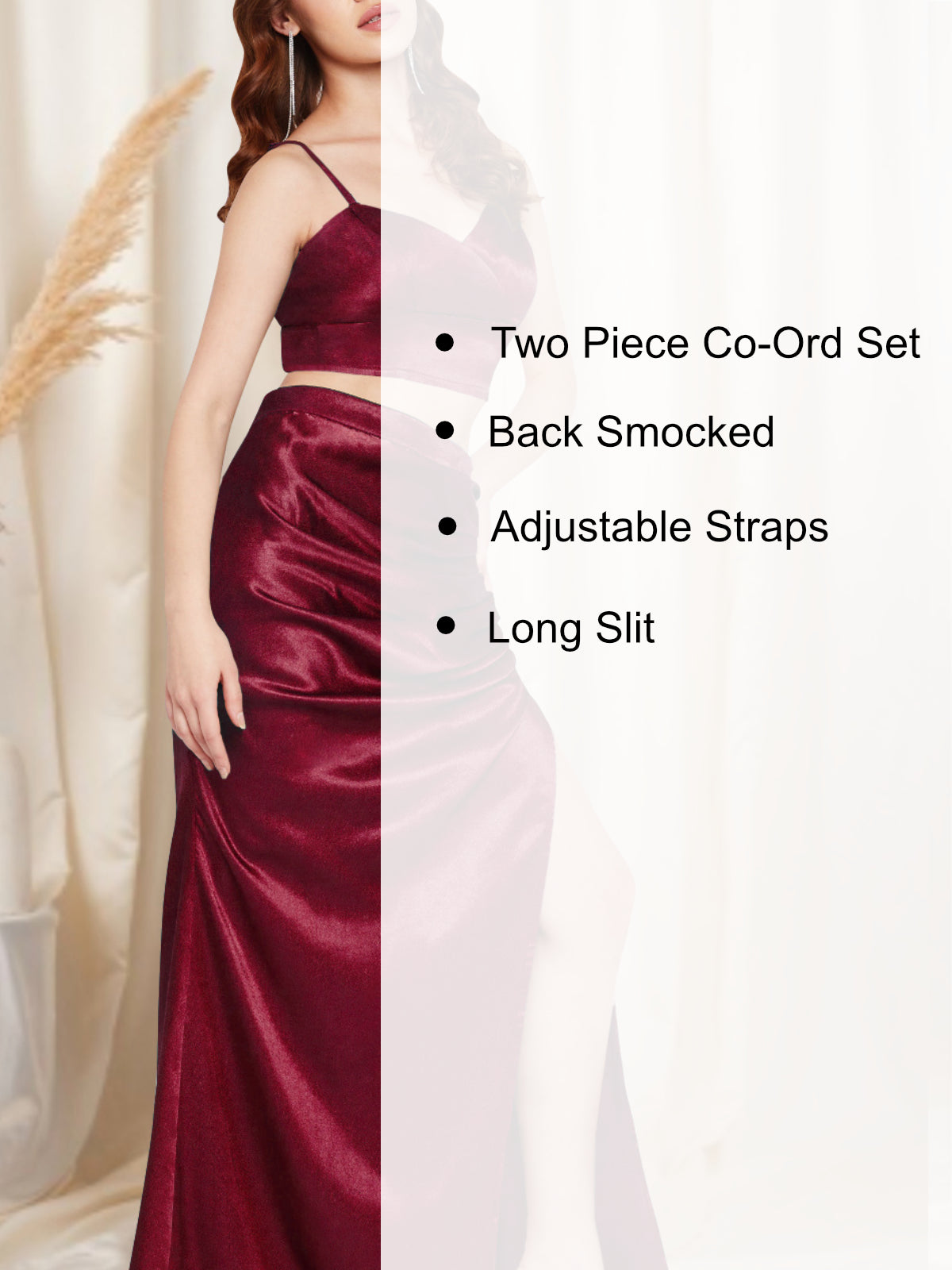 Women Maroon Satin 2 Piece Co-ord Set
