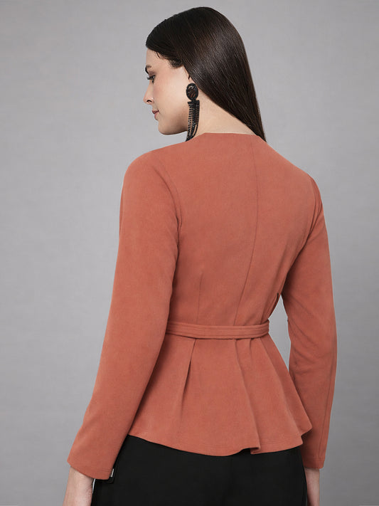 Women Pink Full Sleeve Formal Top With Belt