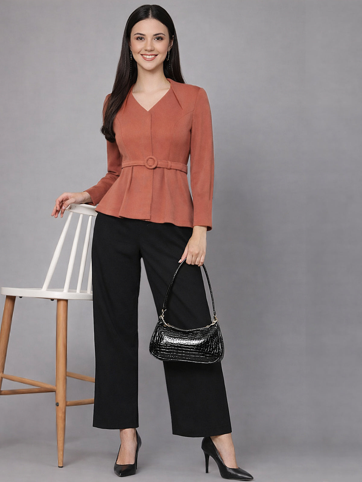 Women Pink Full Sleeve Formal Top With Belt