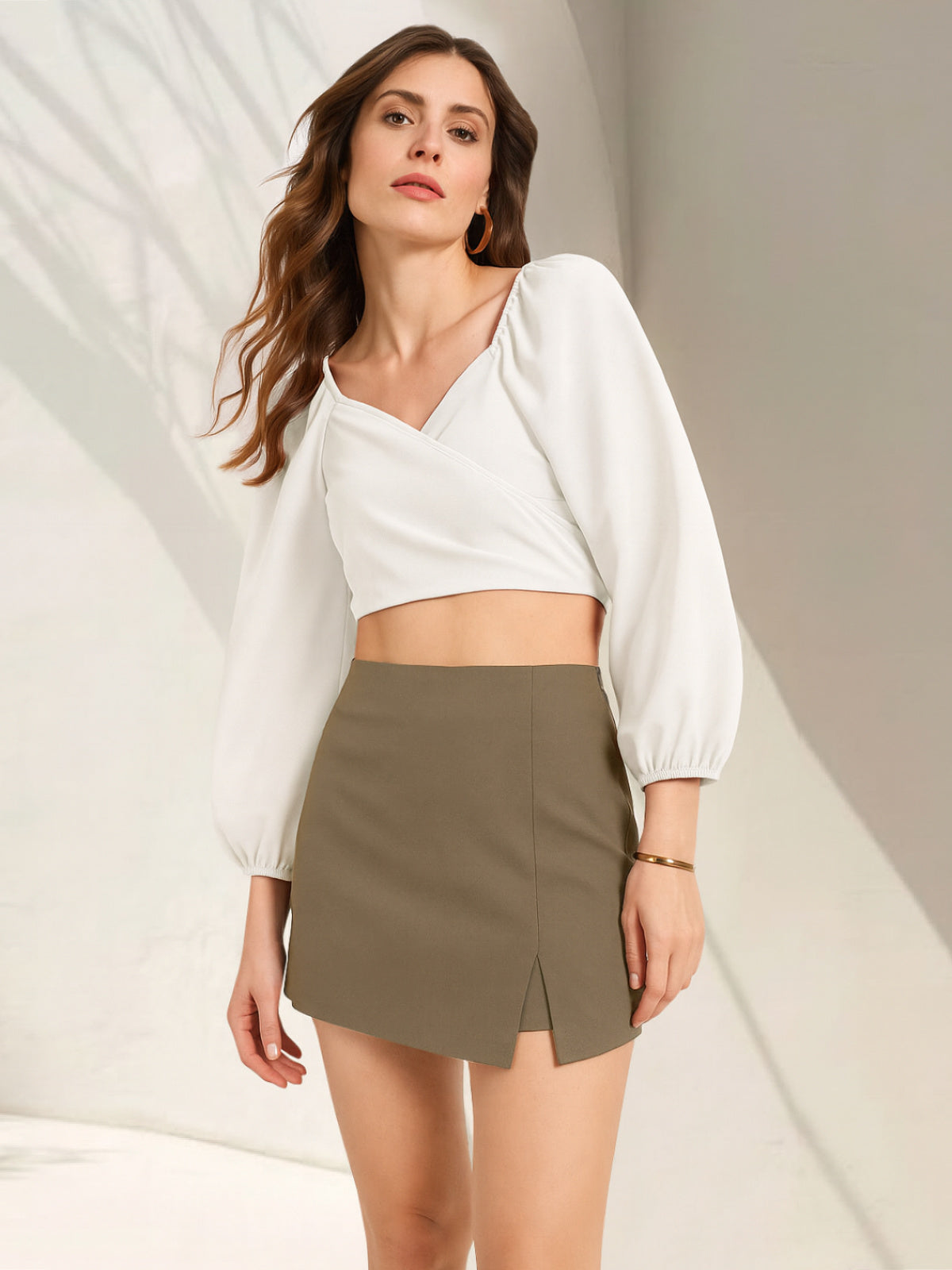 Women Beige Side Slit Skort
