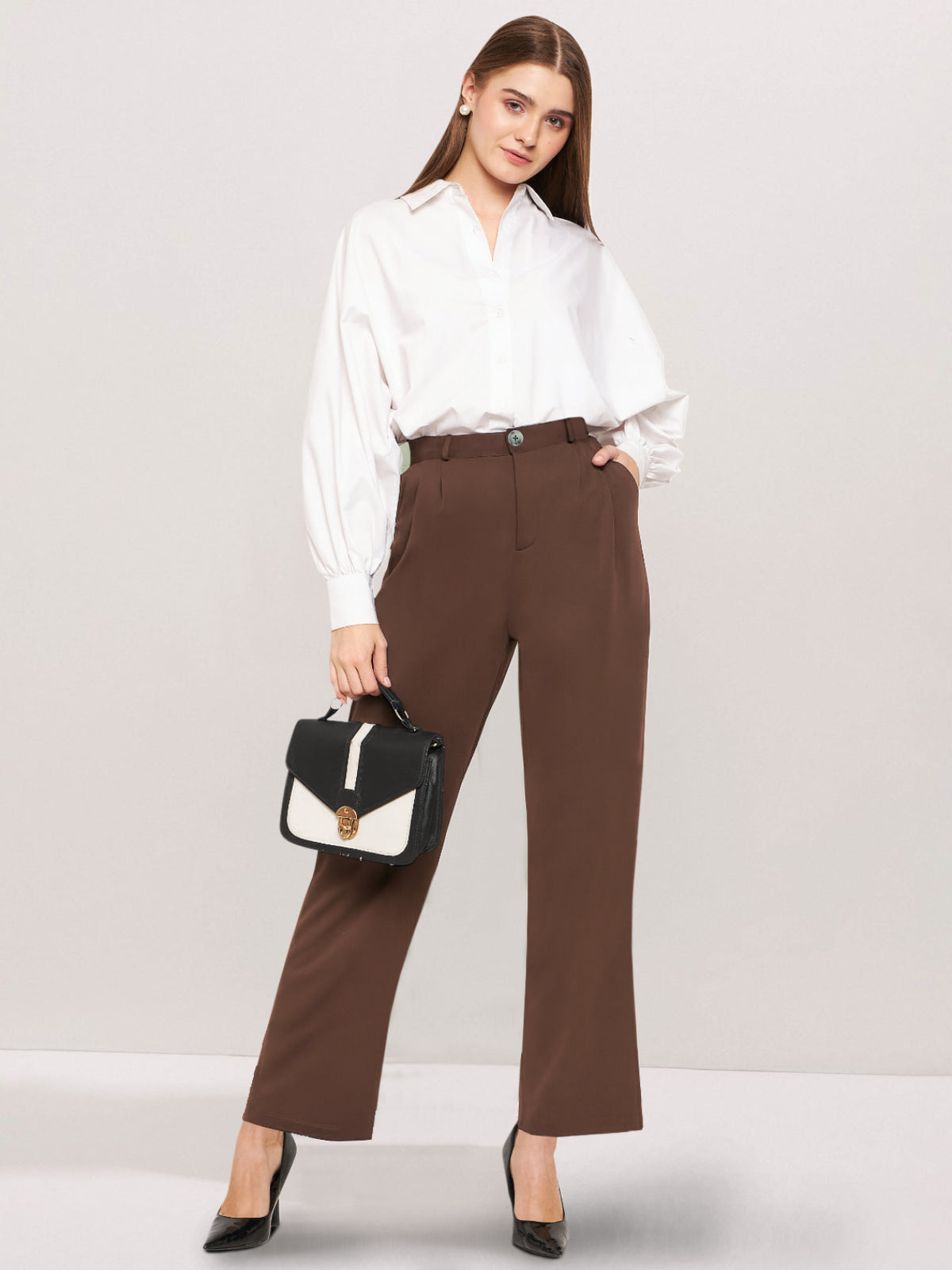 Women Mocha Brown Wide Leg Stretch Trouser