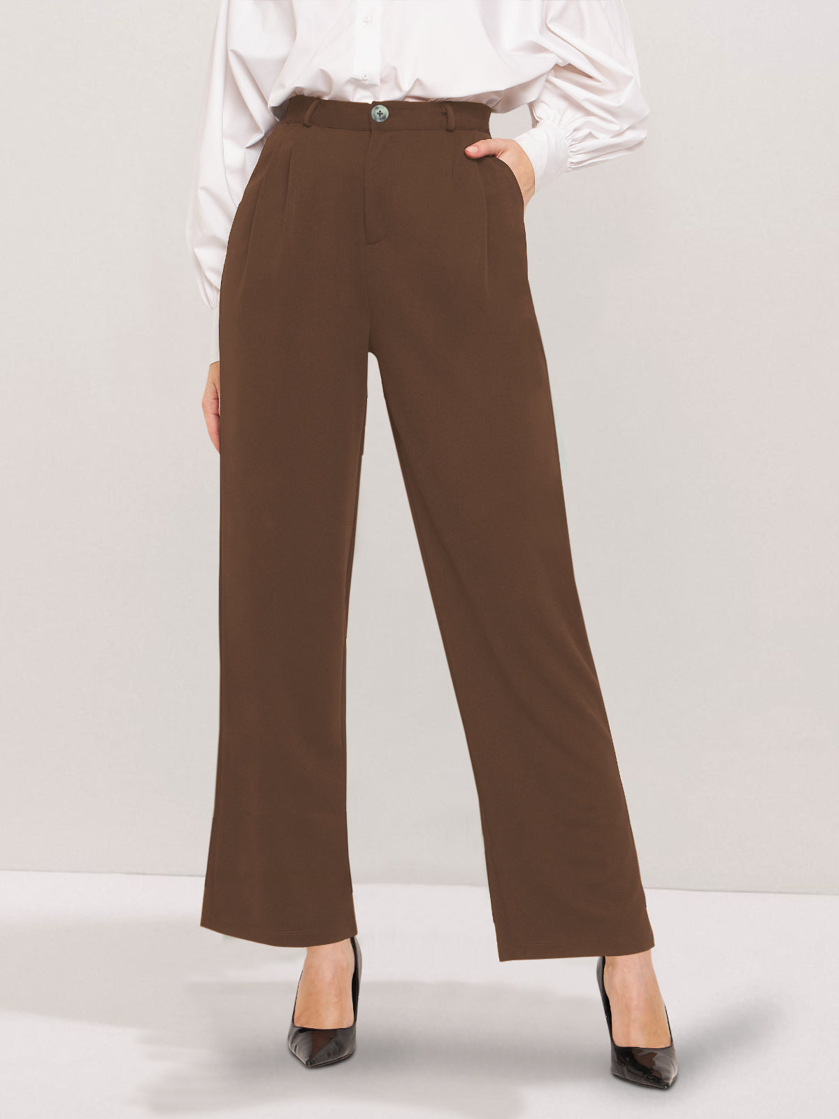 Women Mocha Brown Wide Leg Stretch Trouser