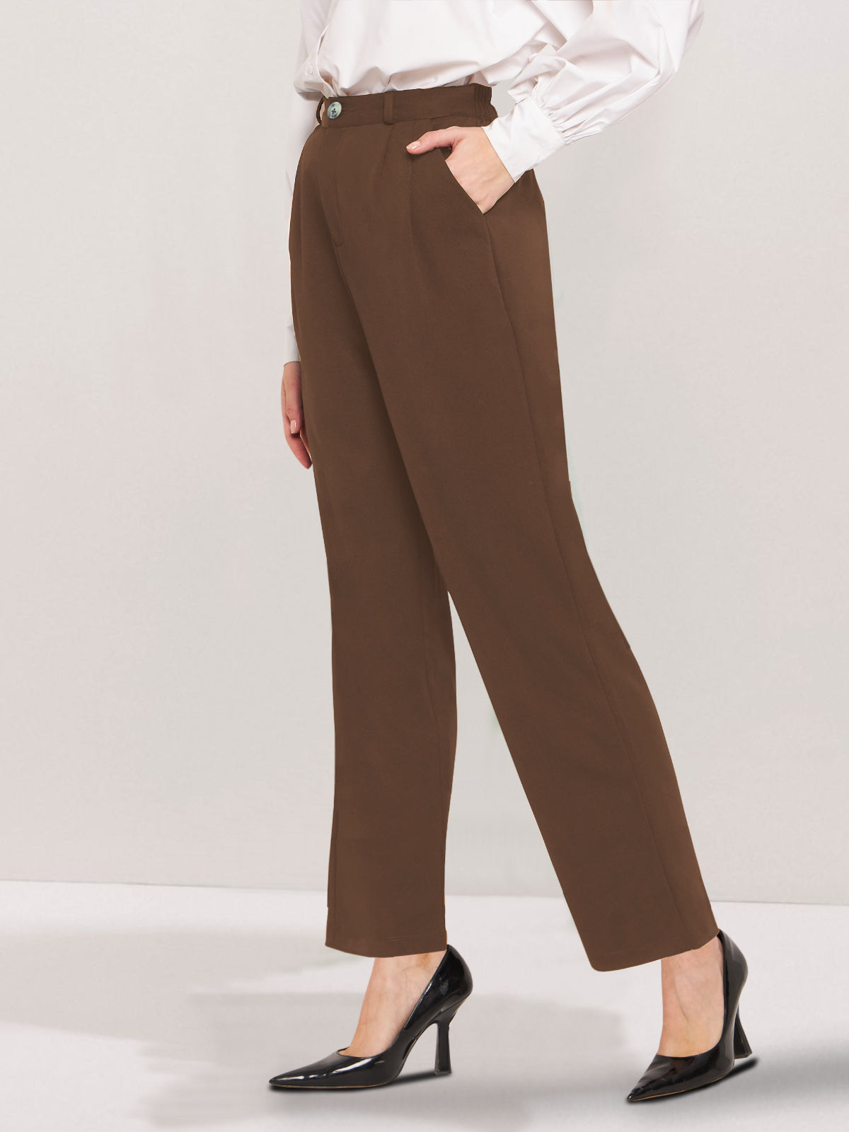 Women Mocha Brown Wide Leg Stretch Trouser