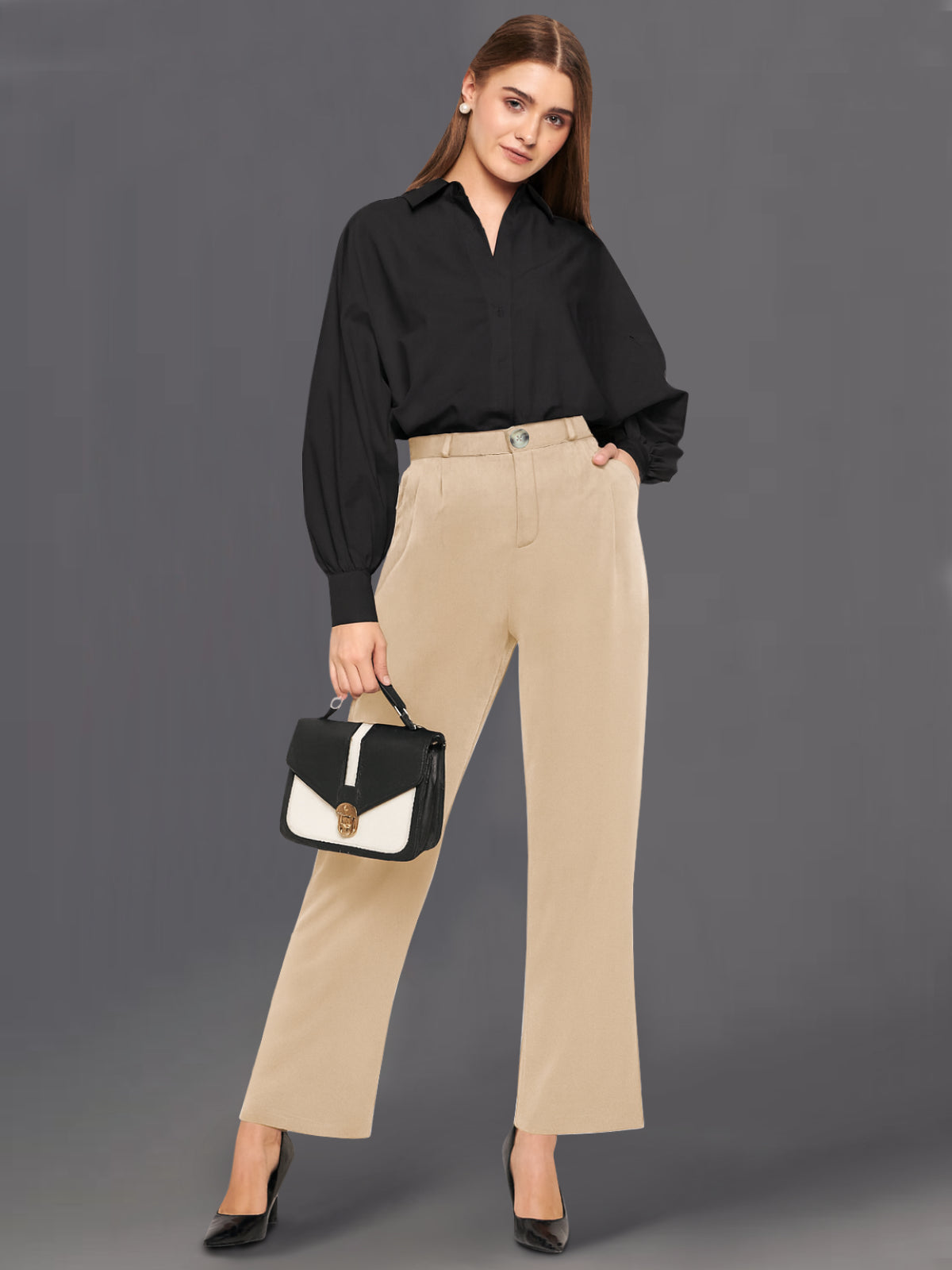 Women Light Beige Wide Leg Stretch Trouser