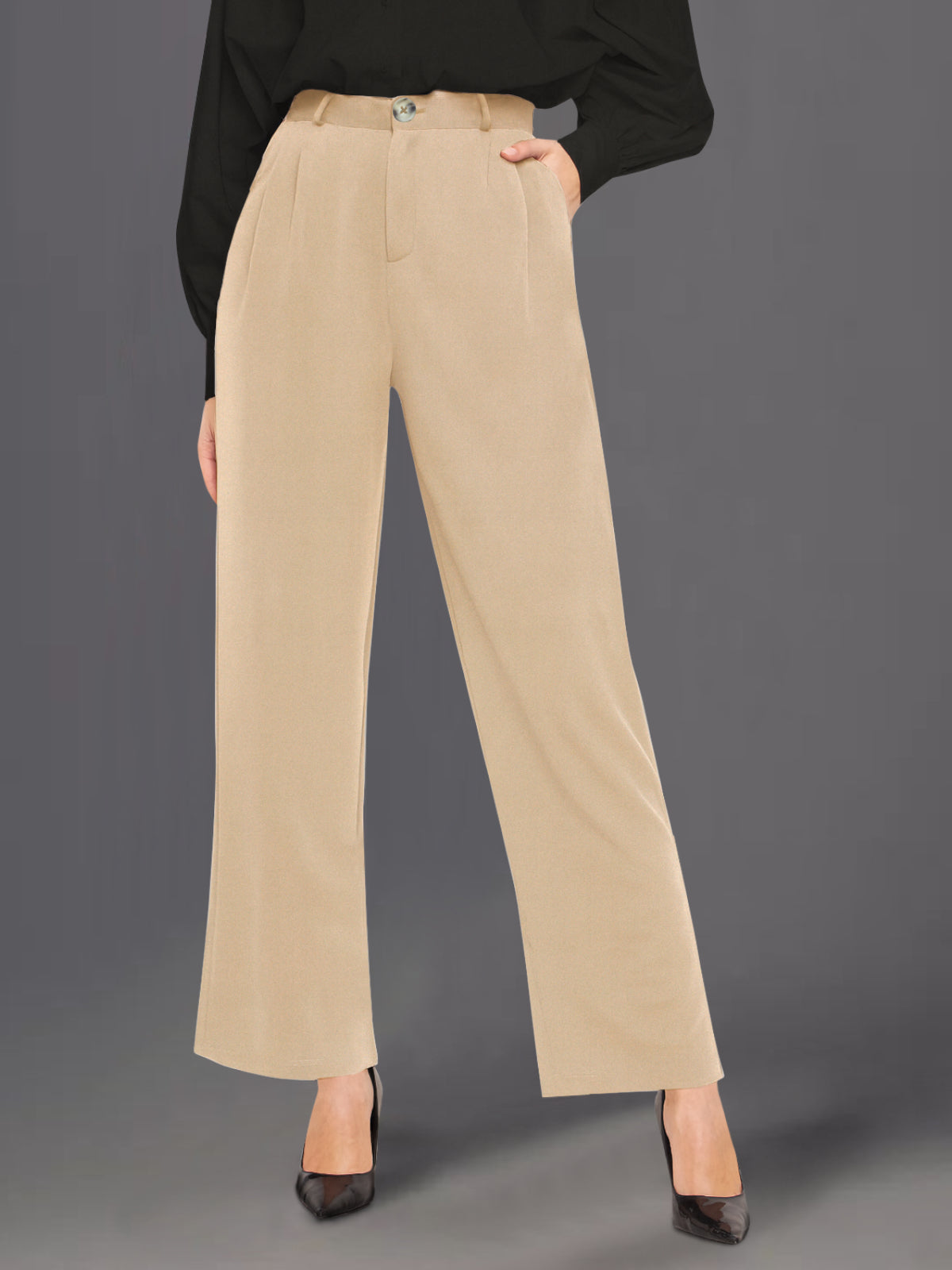 Women Light Beige Wide Leg Stretch Trouser