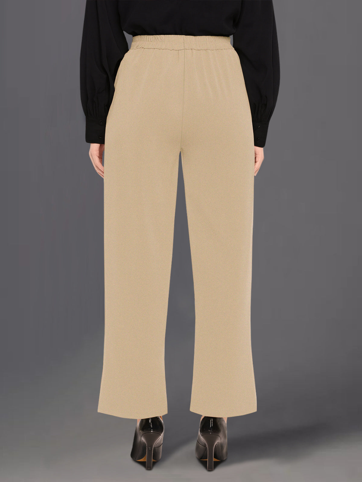 Women Light Beige Wide Leg Stretch Trouser