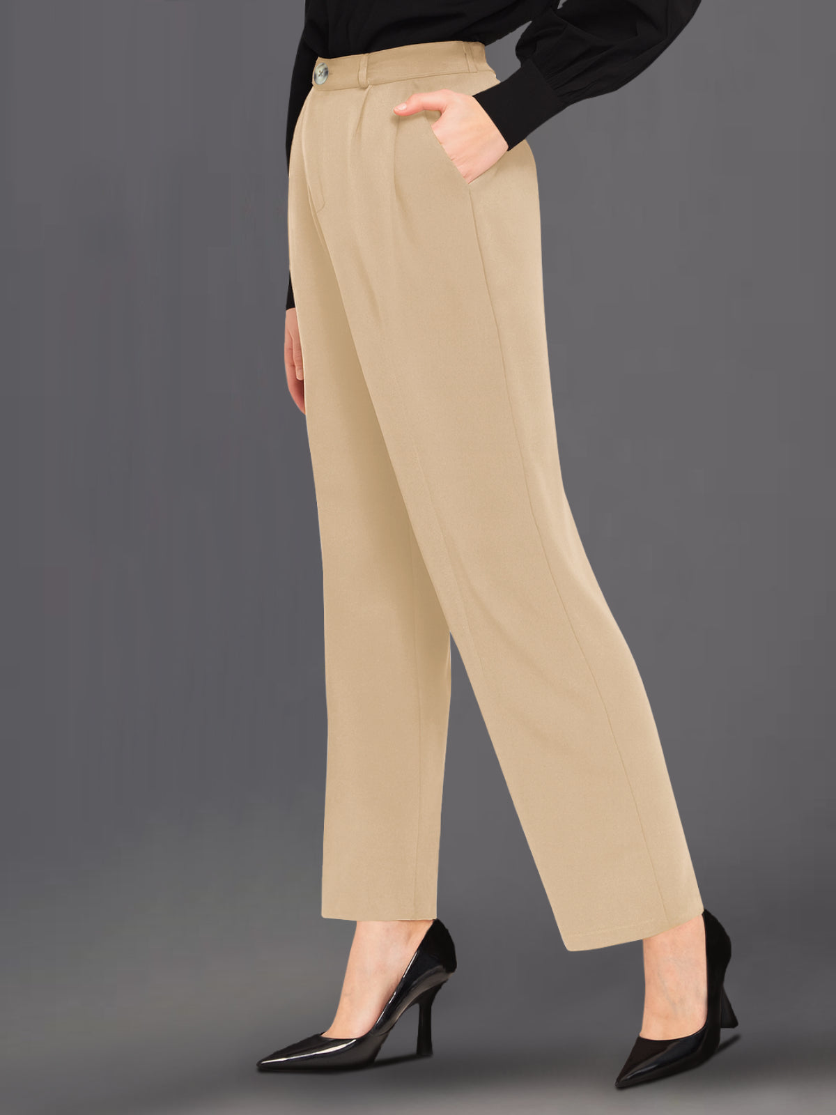 Women Light Beige Wide Leg Stretch Trouser