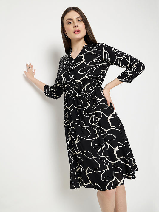 Women Black White Midi Shirt Dress