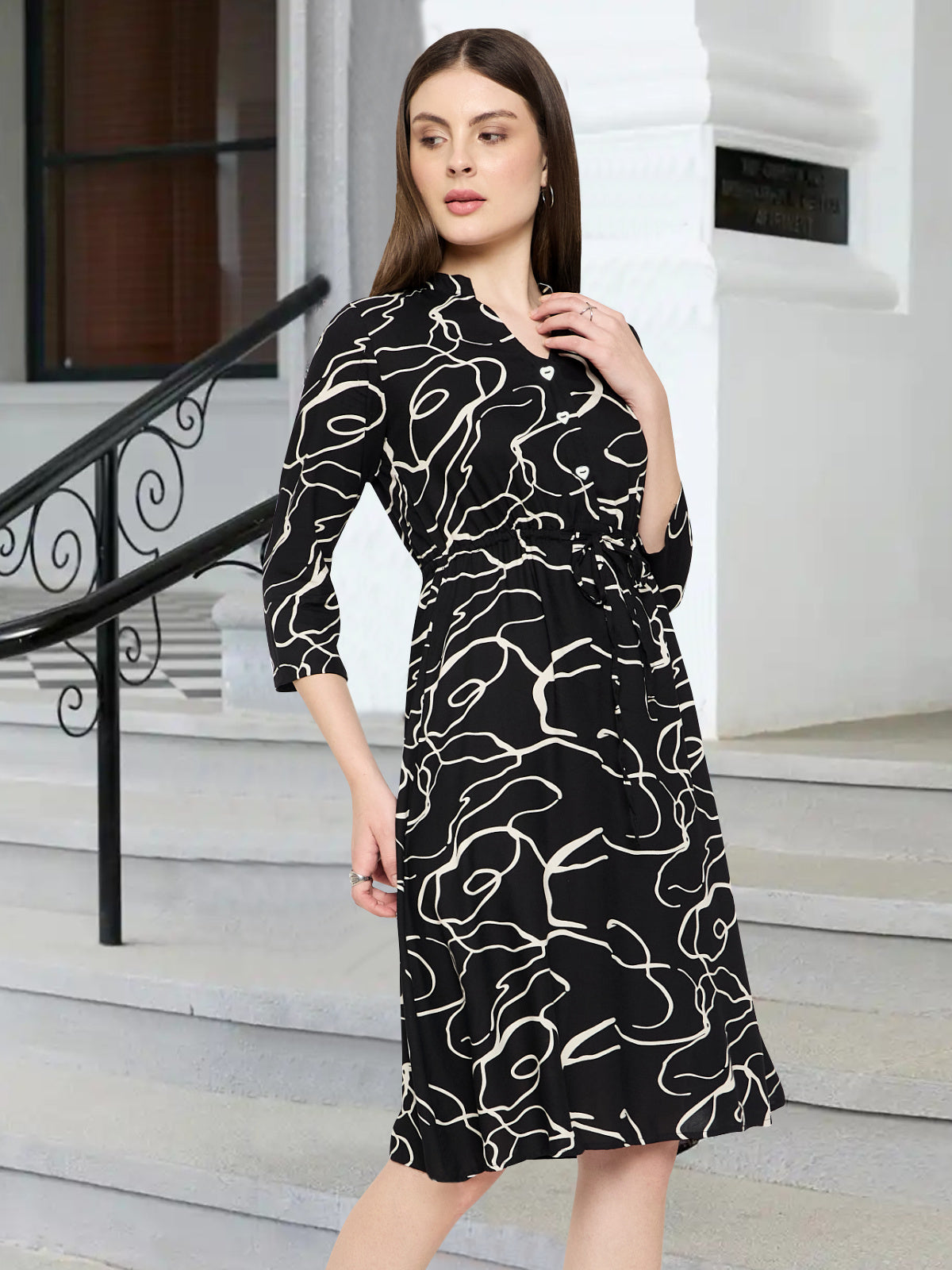 Women Black White Midi Shirt Dress