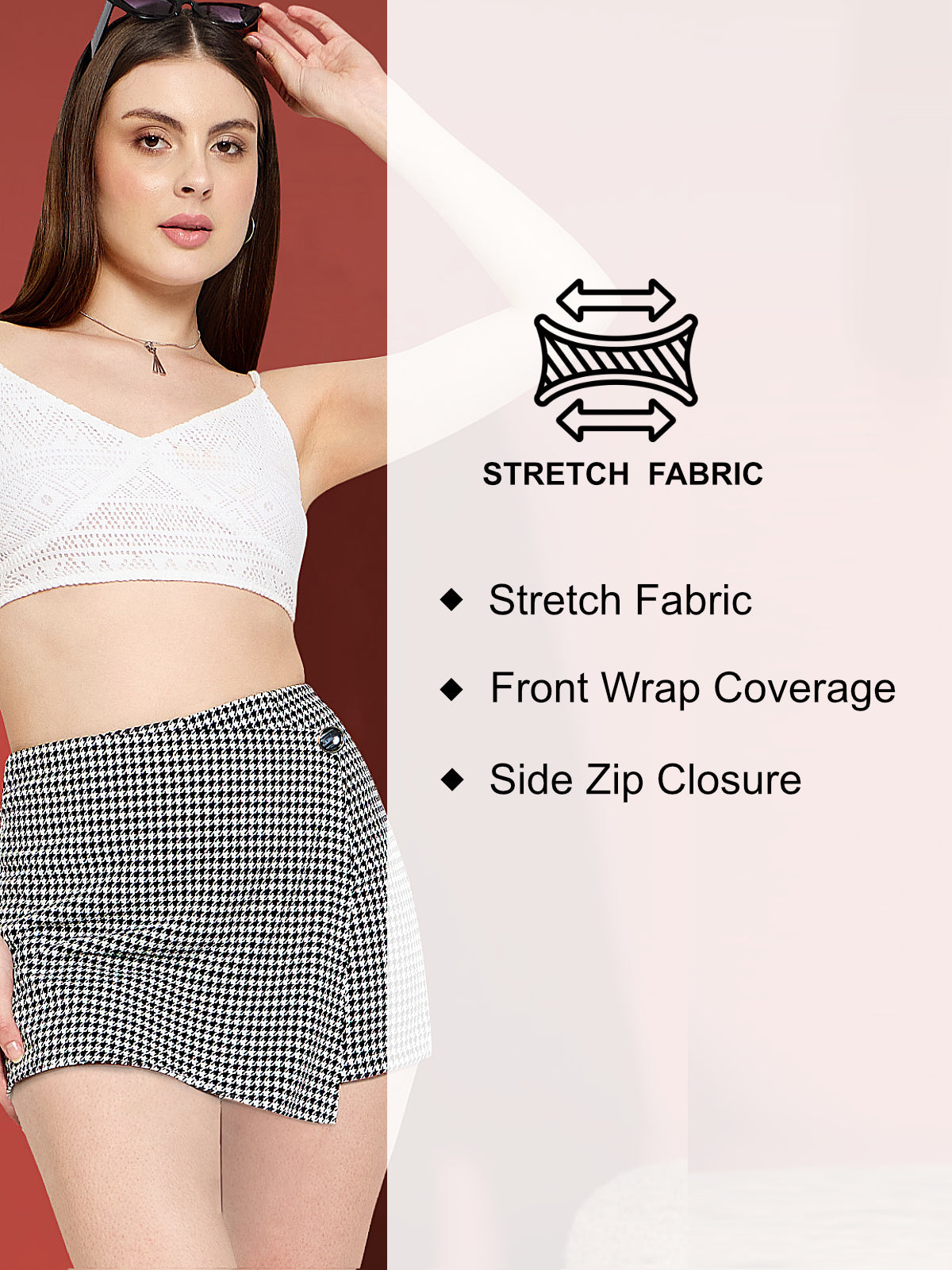 Women Black White Houndstooth Skort