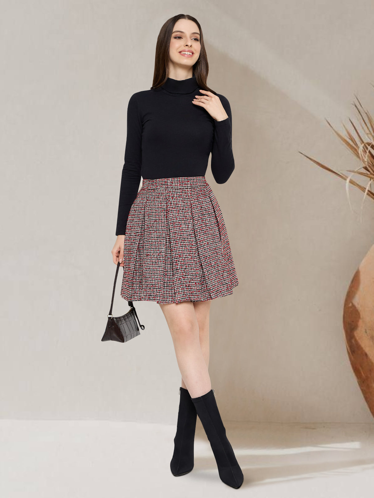 Women Red Check Woolen Pleated Skirt