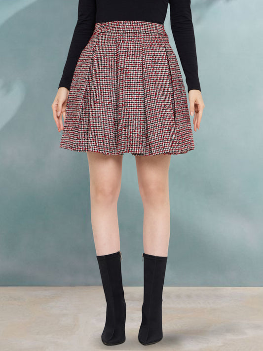 Women Red Check Woolen Pleated Skirt