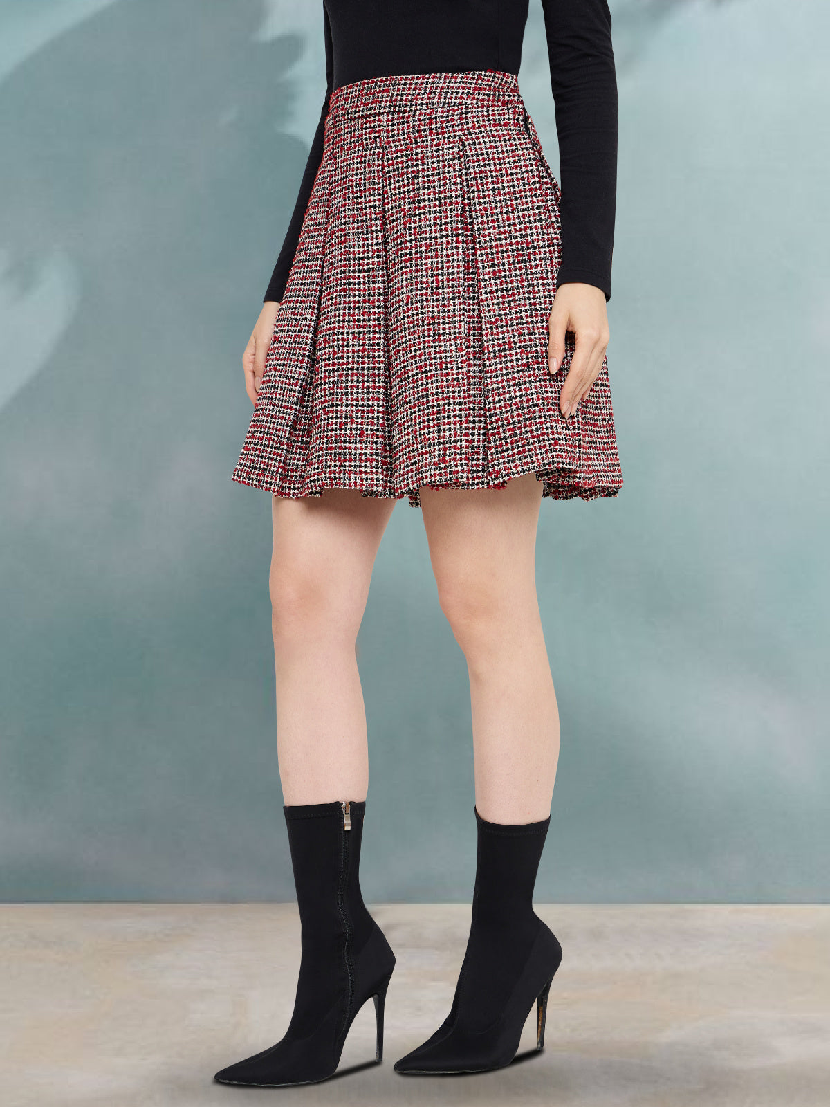 Women Red Check Woolen Pleated Skirt
