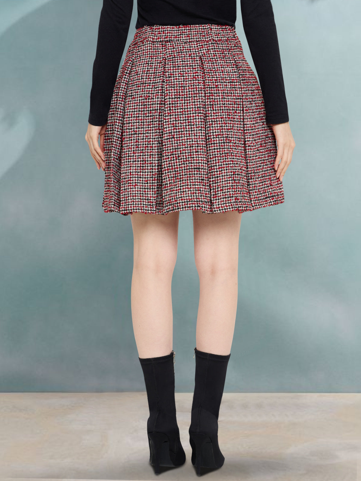 Women Red Check Woolen Pleated Skirt