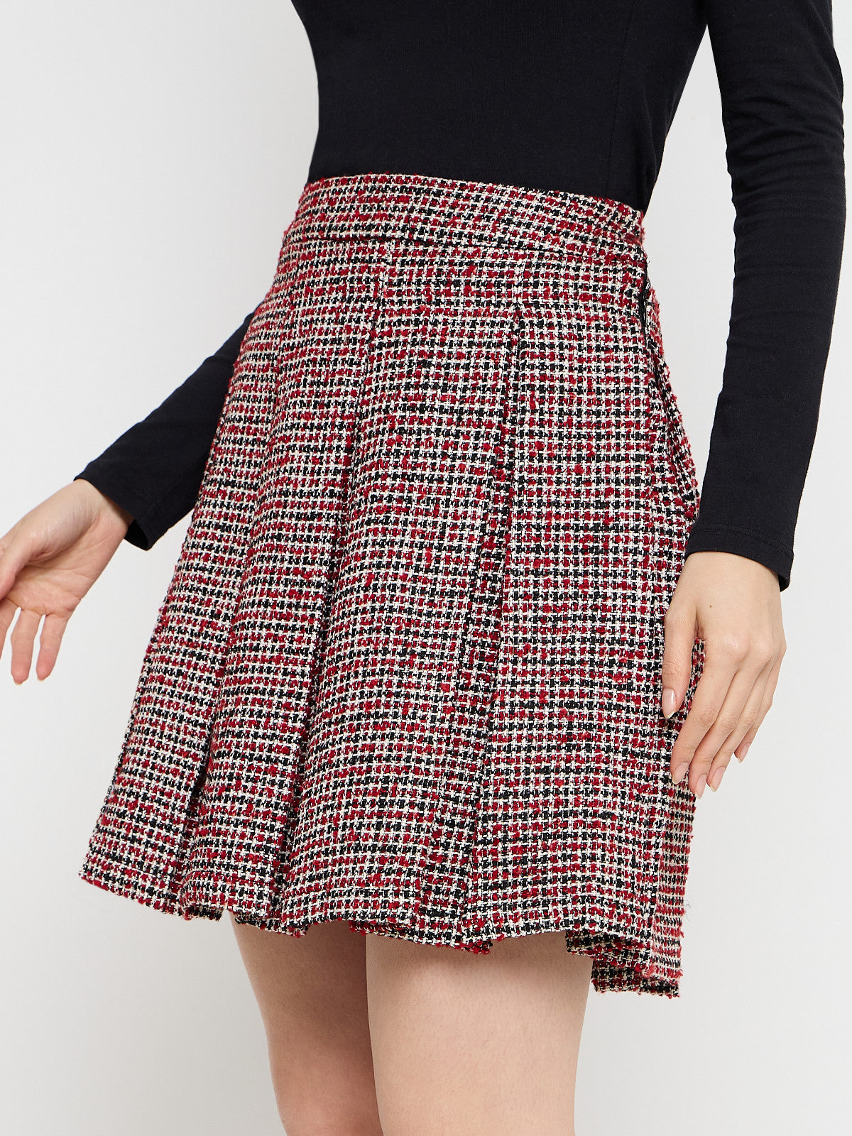 Women Red Check Woolen Pleated Skirt
