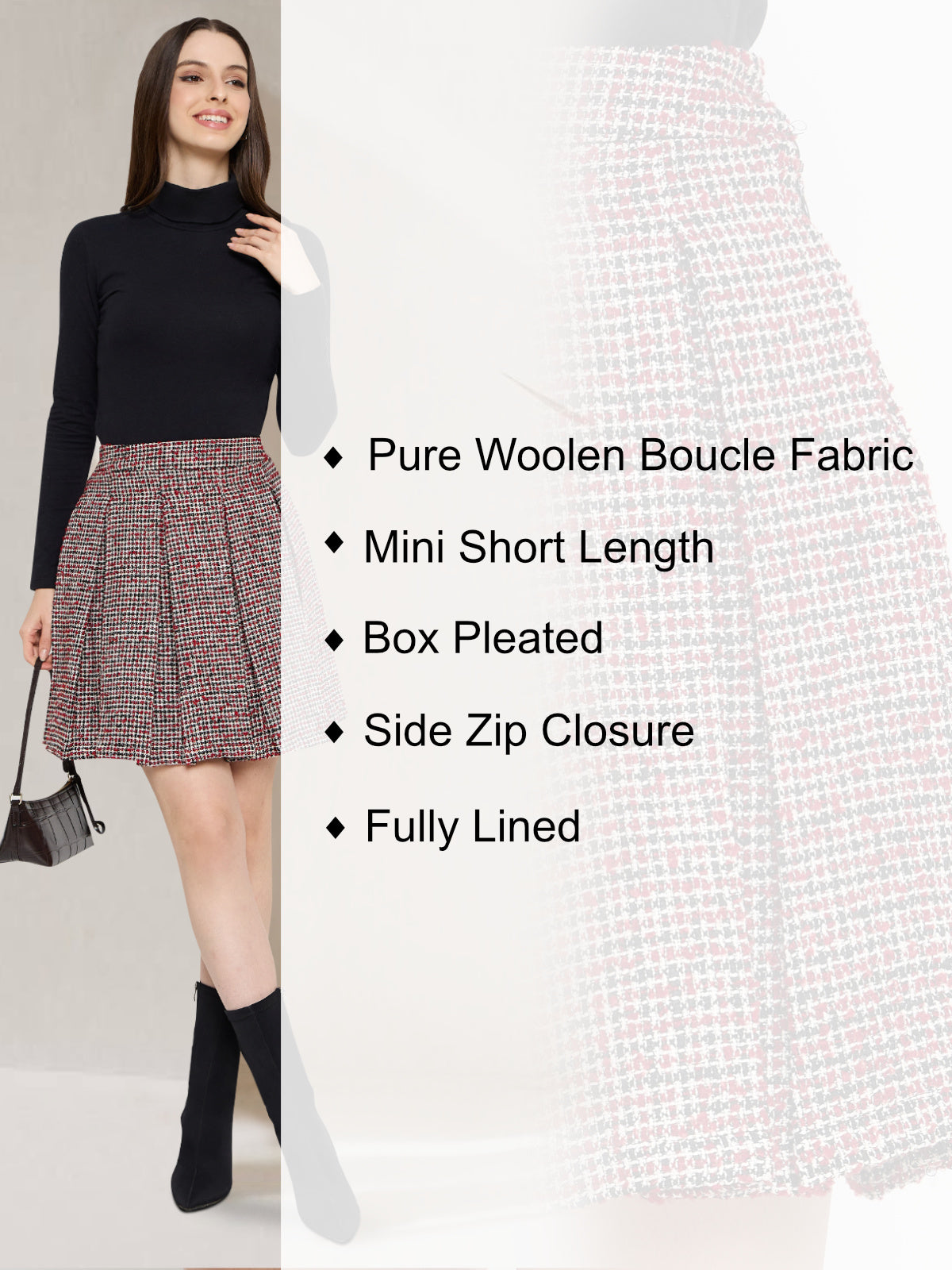 Women Red Check Woolen Pleated Skirt