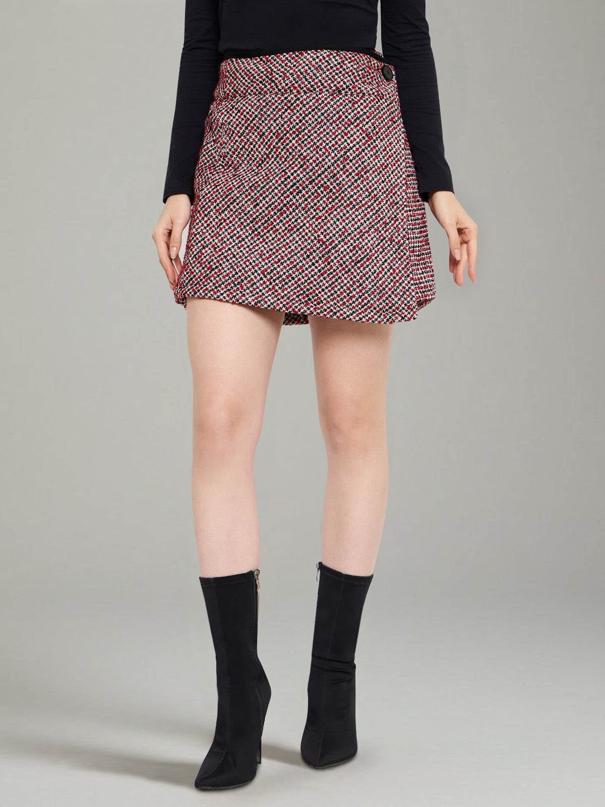 Women Red Checks Woolen Wrap Mini Skirt