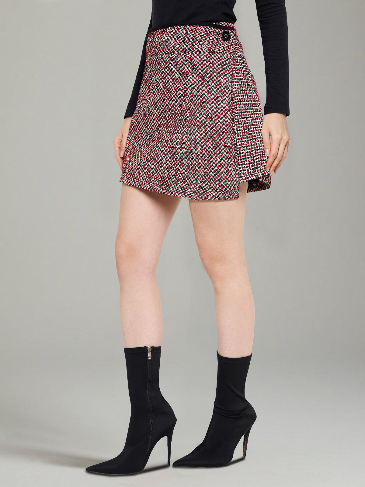 Women Red Checks Woolen Wrap Mini Skirt