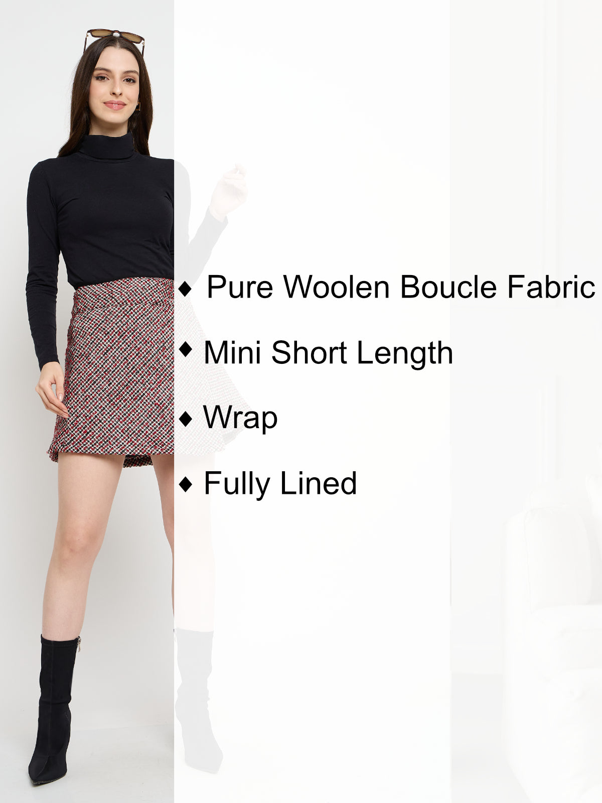 Women Red Checks Woolen Wrap Mini Skirt