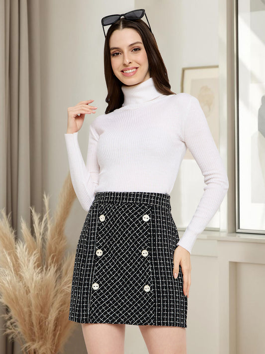 Women Black Check Woolen Mini Skirt