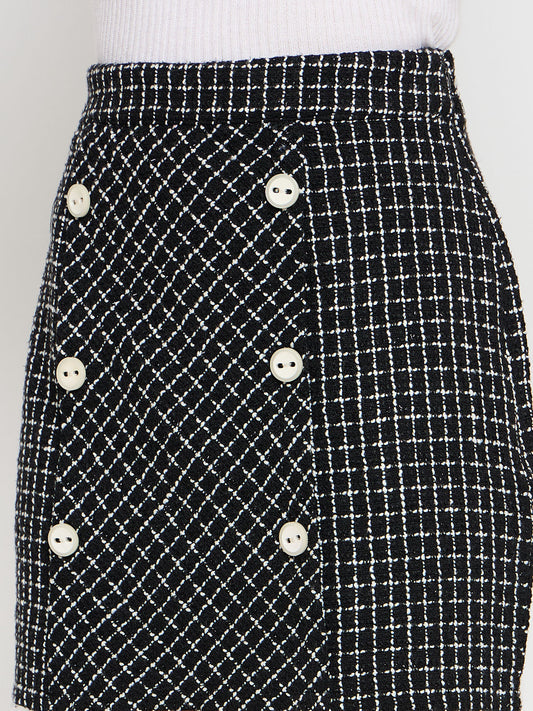 Women Black Check Woolen Mini Skirt