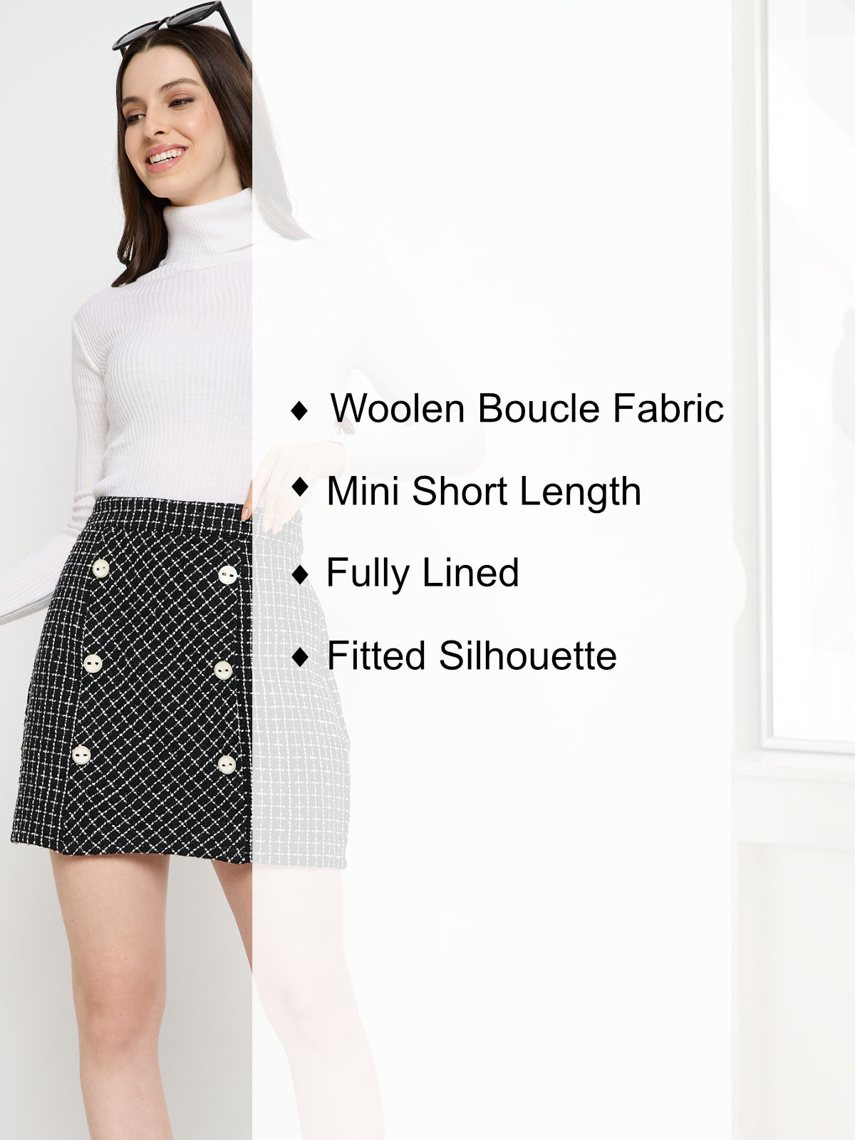 Women Black Check Woolen Mini Skirt