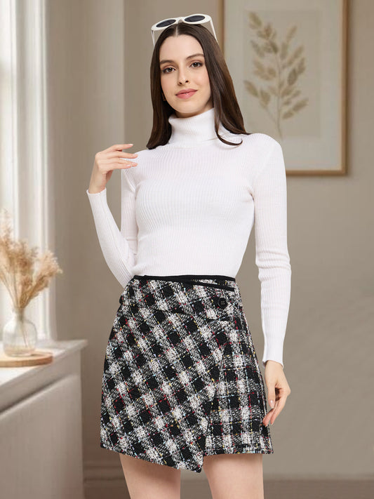 Women Black Multi Woolen Wrap Mini Skirt
