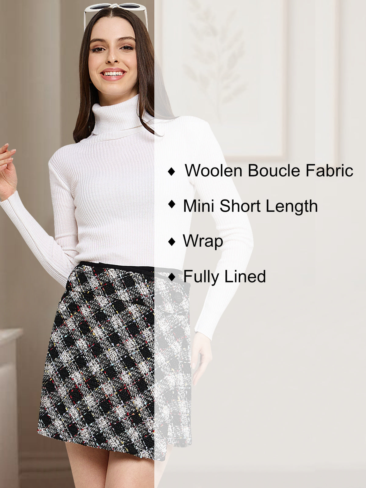 Women Black Multi Woolen Wrap Mini Skirt