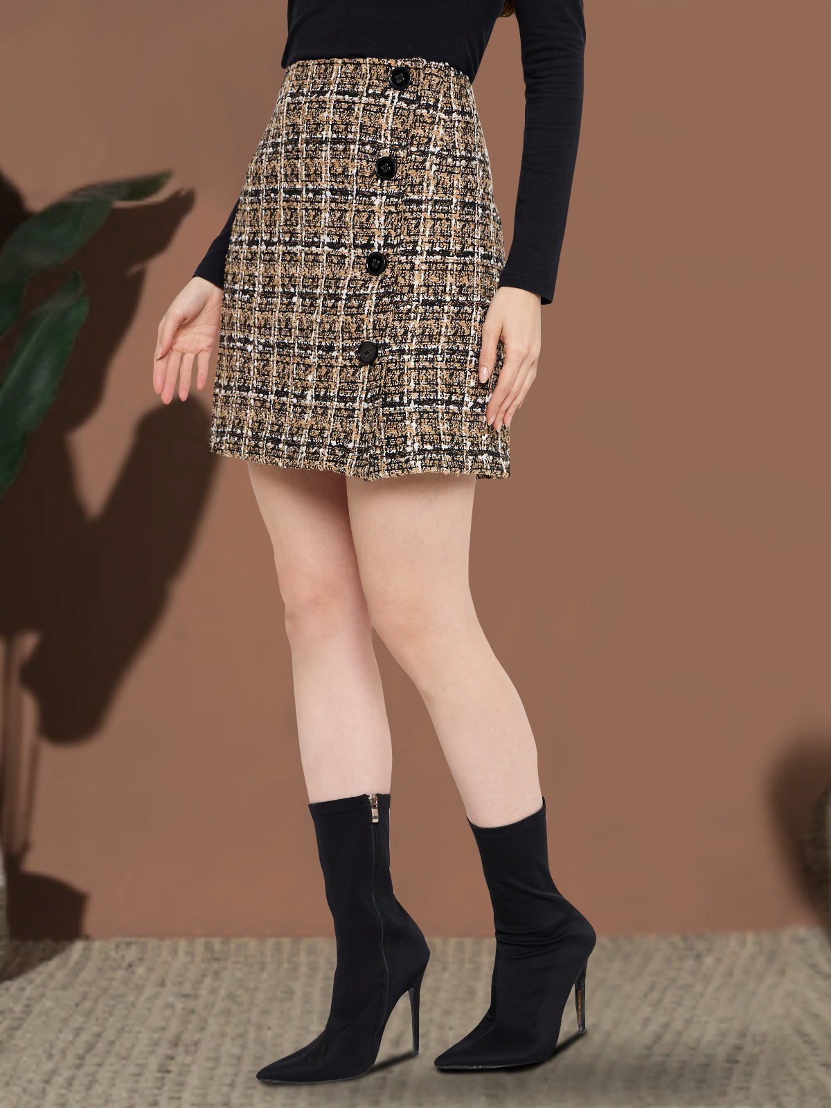 Women Beige Woolen Side Button Mini Skirt