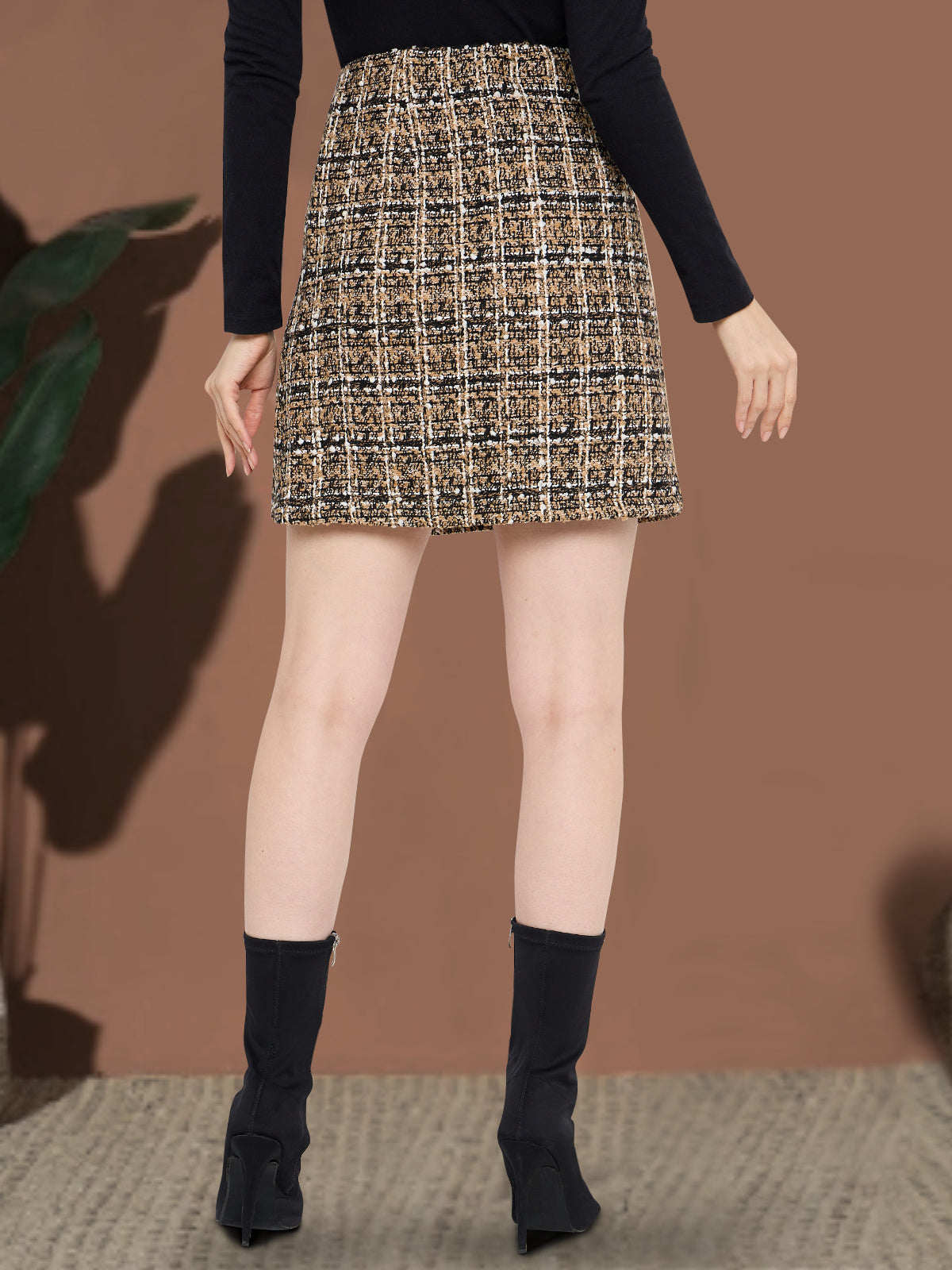 Women Beige Woolen Side Button Mini Skirt