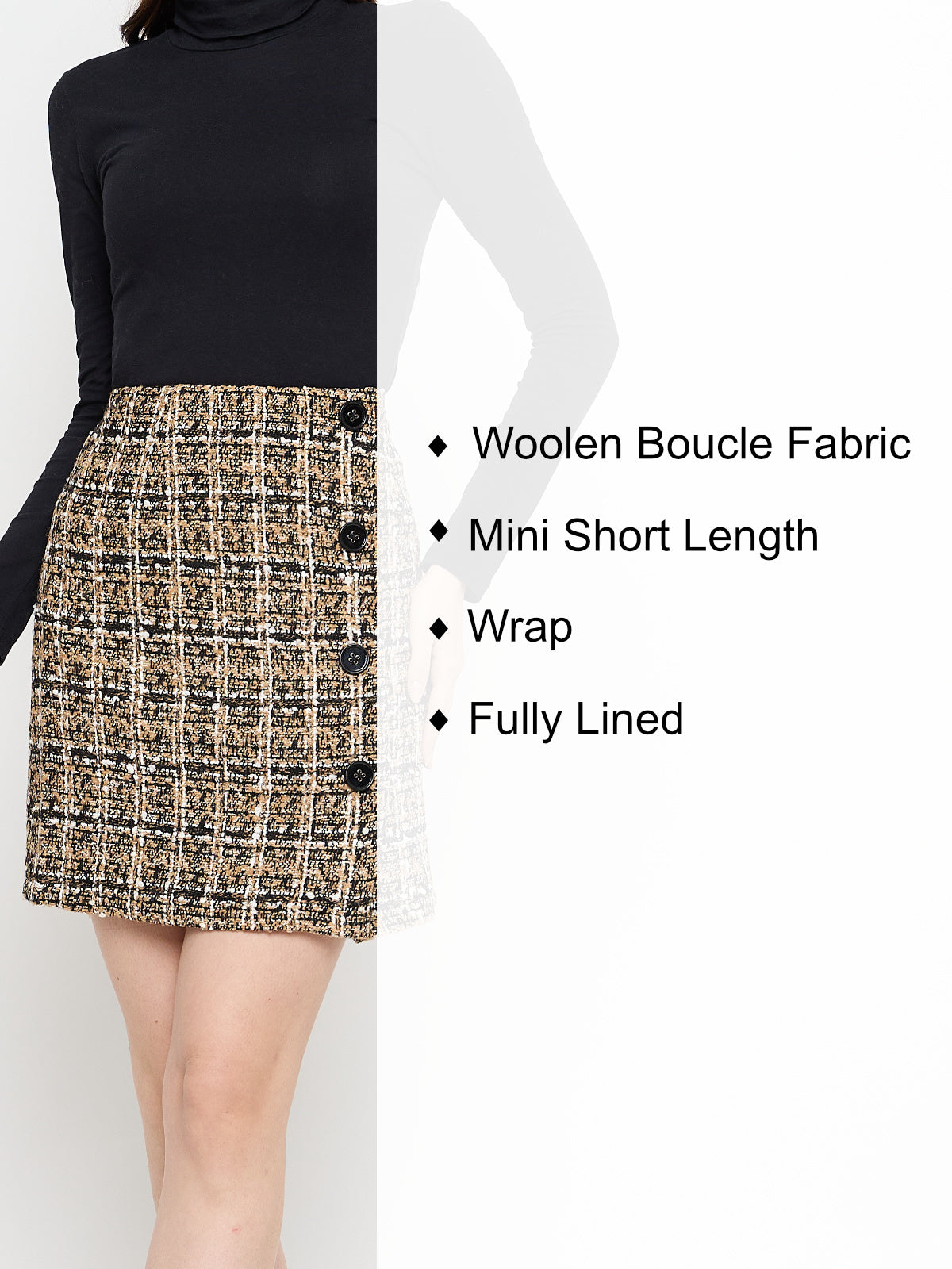 Women Beige Woolen Side Button Mini Skirt